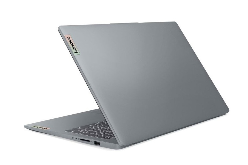 Beyaz arka plan üzerinde kapalı gri Lenovo dizüstü bilgisayar.