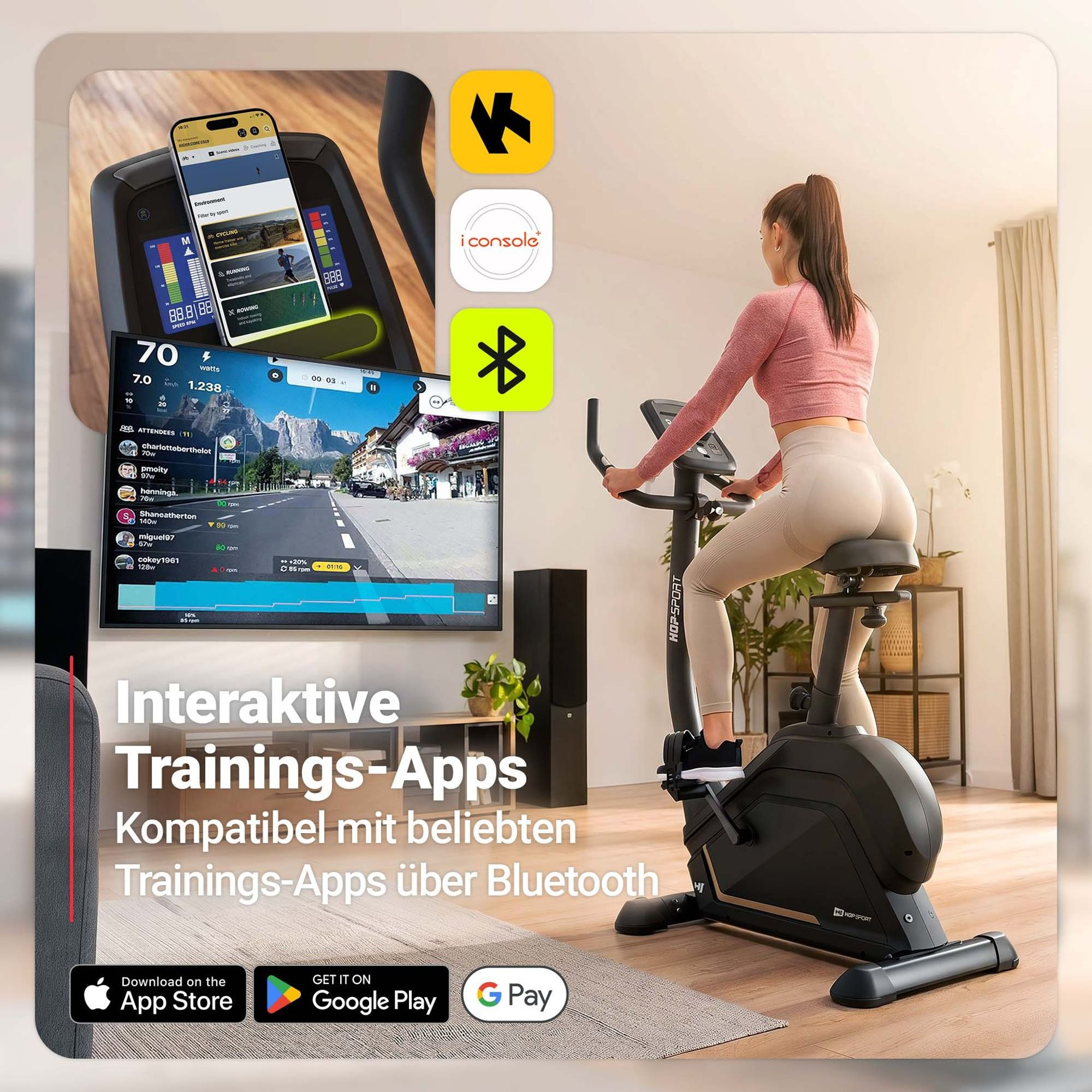 Frau auf Heimtrainer mit App-Anzeige und Bluetooth-Symbolen.