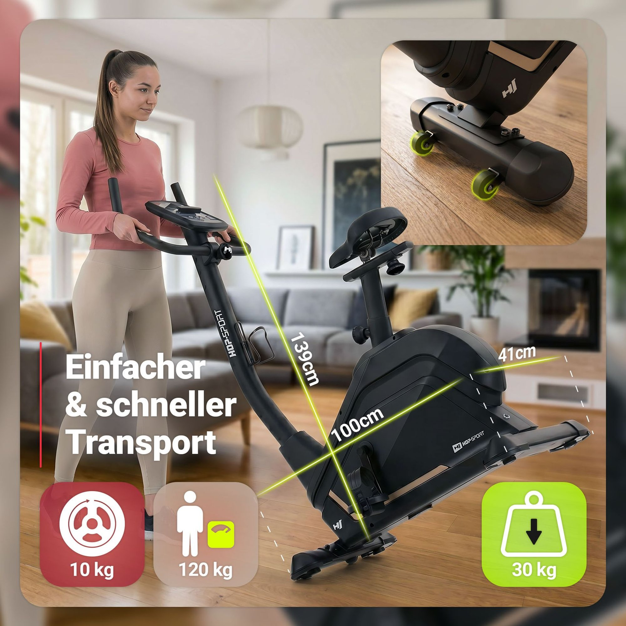 Eine Frau steht neben einem schwarzen Heimtrainer mit Maßangaben. Der Trainer ist für einfachen Transport.