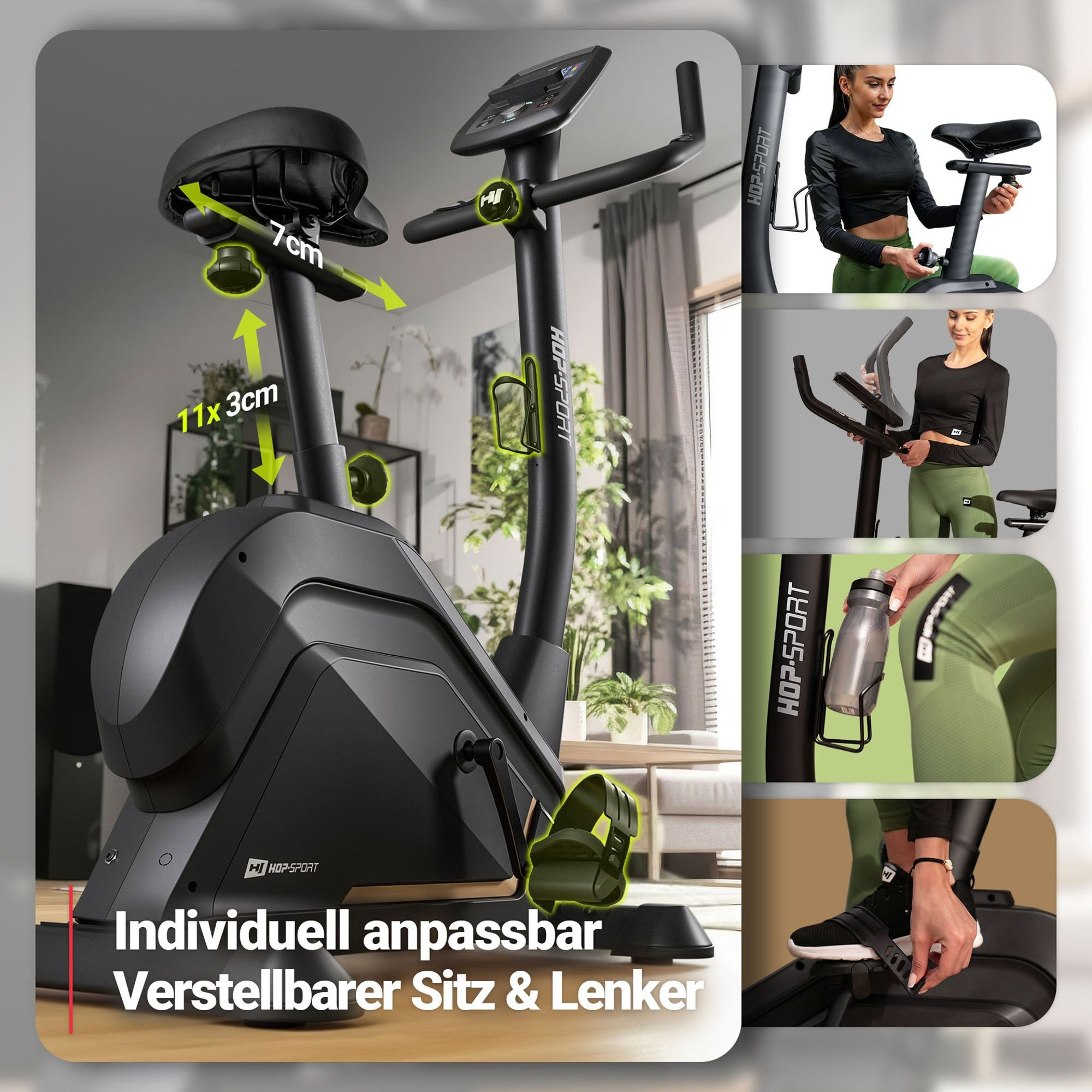Schwarzes Indoor-Fahrrad mit verstellbarem Sitz und Lenker.