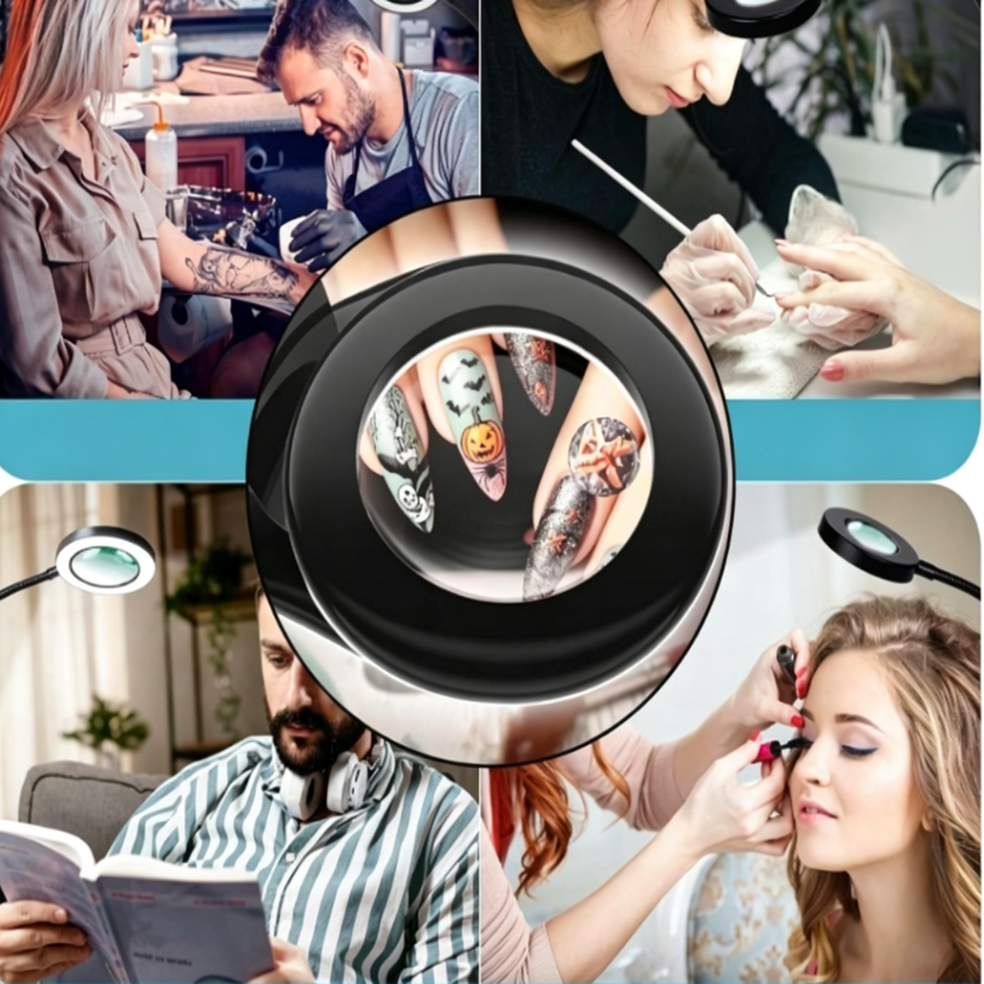 Collage zeigt Tätowieren, Nageldesign, Make-up und Lesen.