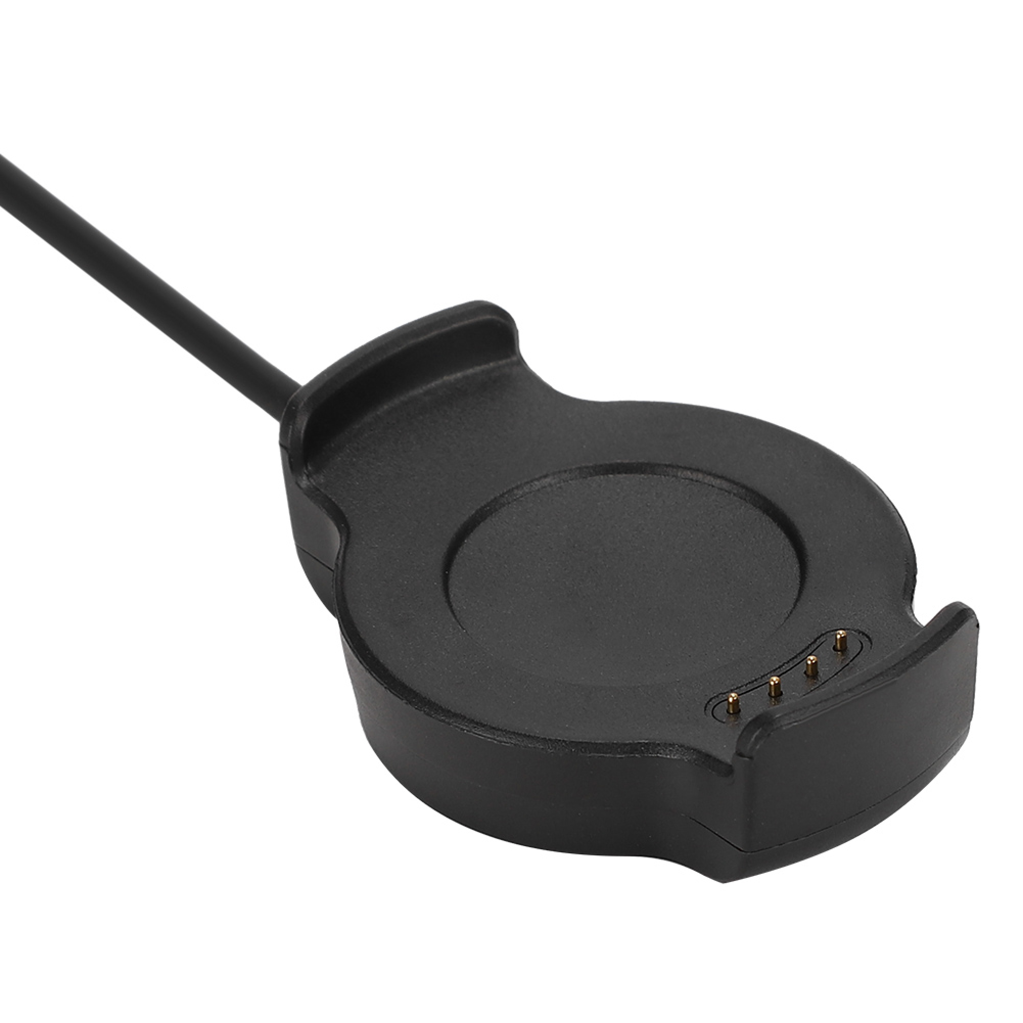 Ein schwarzes Ladekabel für eine Smartwatch mit vier goldenen Ladekontakten.