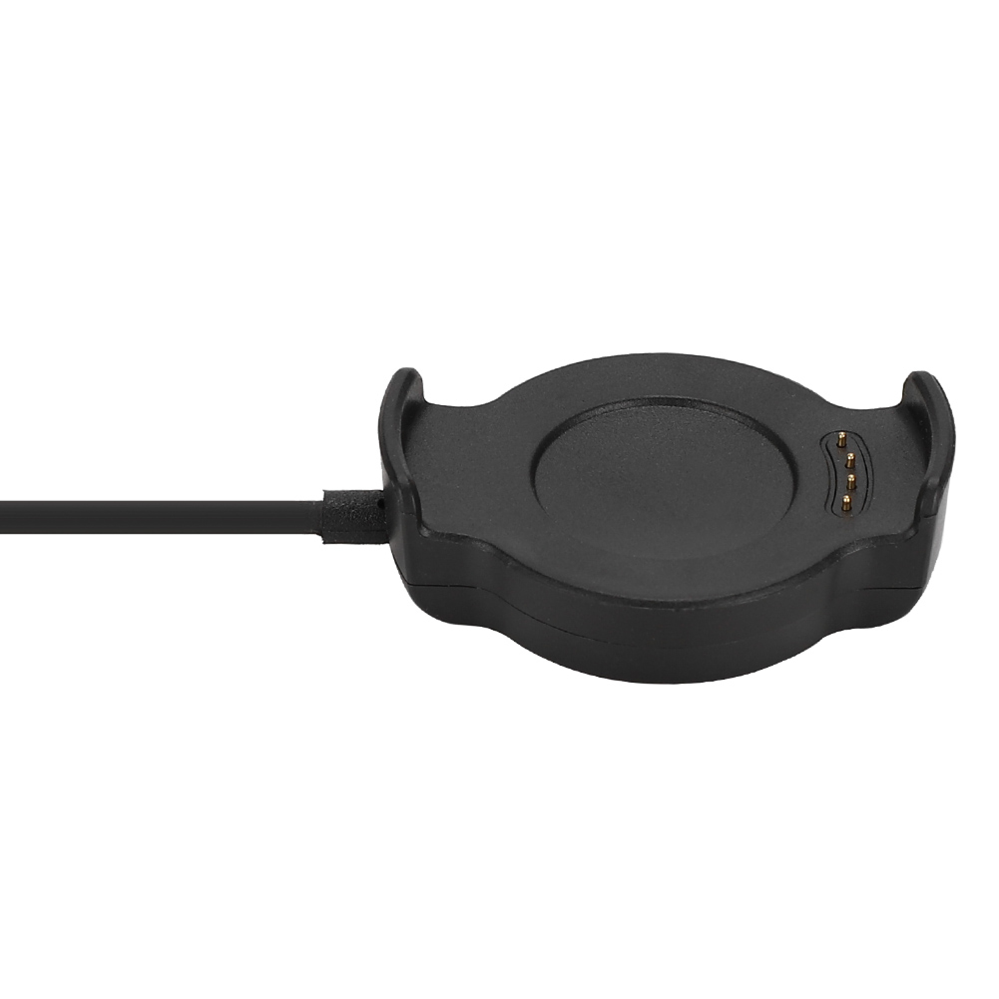 Ein schwarzes Ladegerät mit Kabel für ein Wearable, mit Ladekontakten.