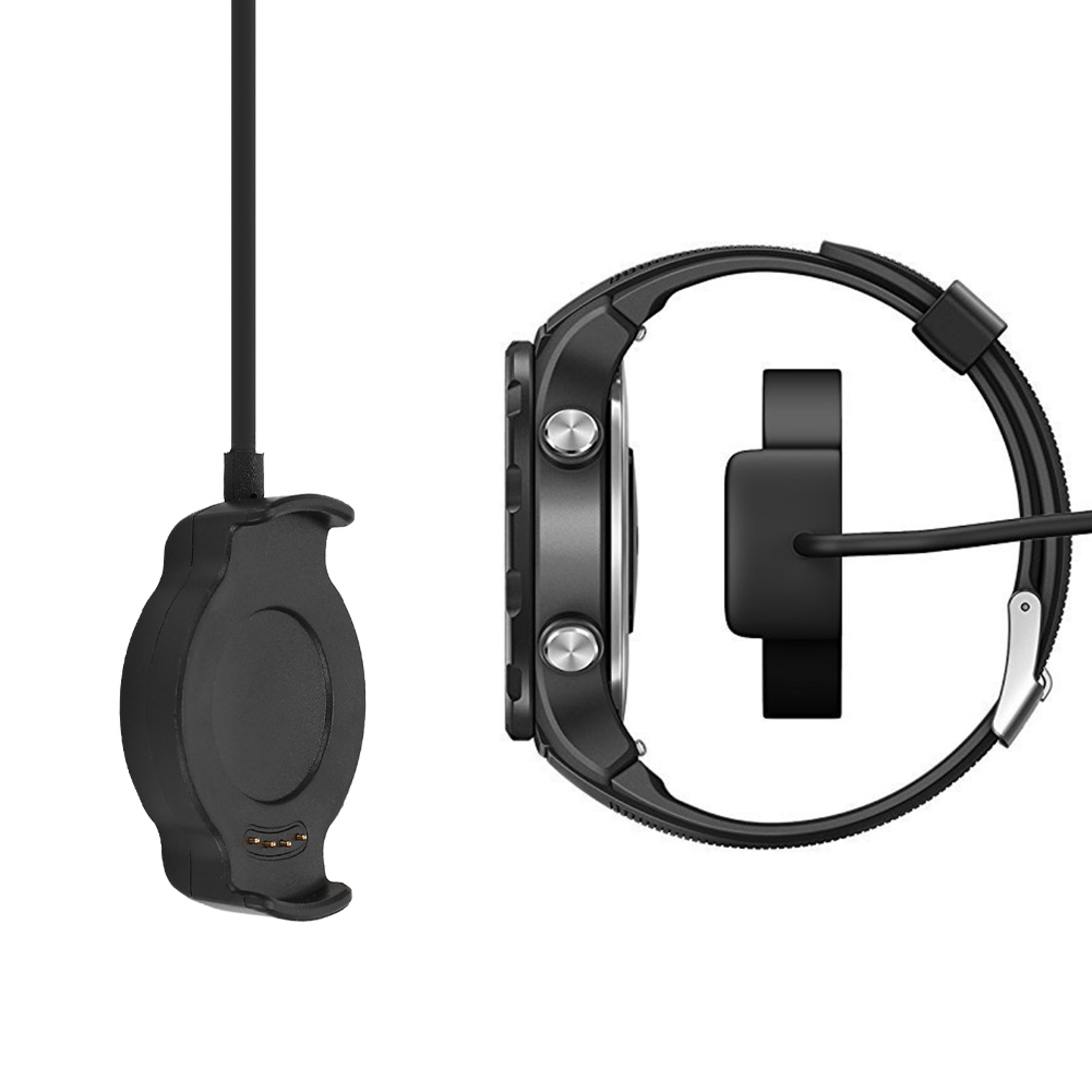 Ein schwarzes Smartwatch-Ladekabel und eine Smartwatch nebeneinander auf weißem Hintergrund.