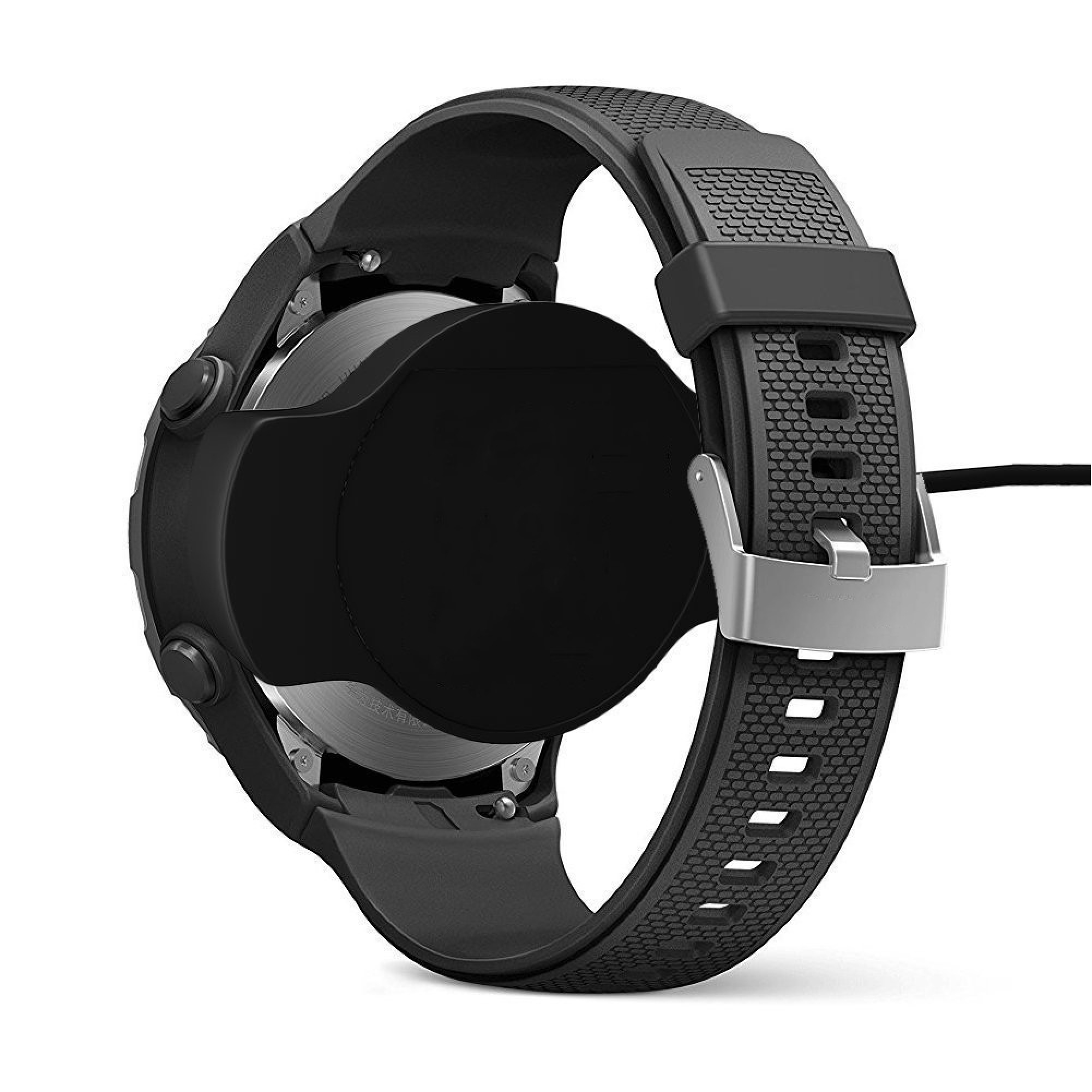 Schwarzes Smartwatch-Armband mit Metallschließe, Nahaufnahme.