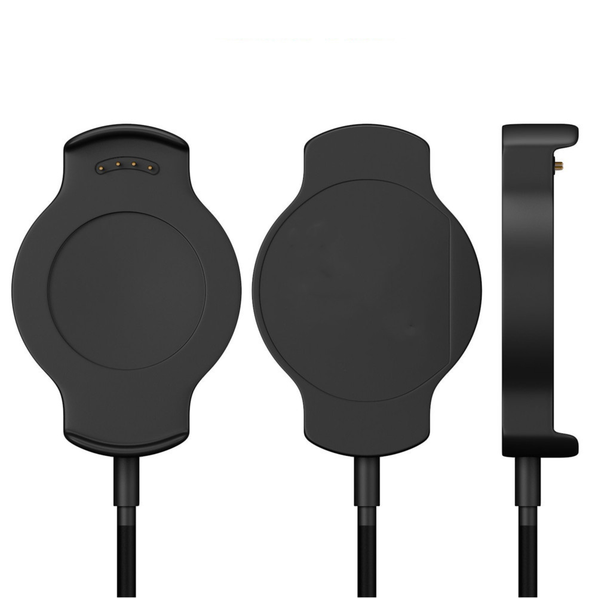 Drei Ansichten eines schwarzen runden Uhrenladegeräts mit Ladekontakten und Kabel.