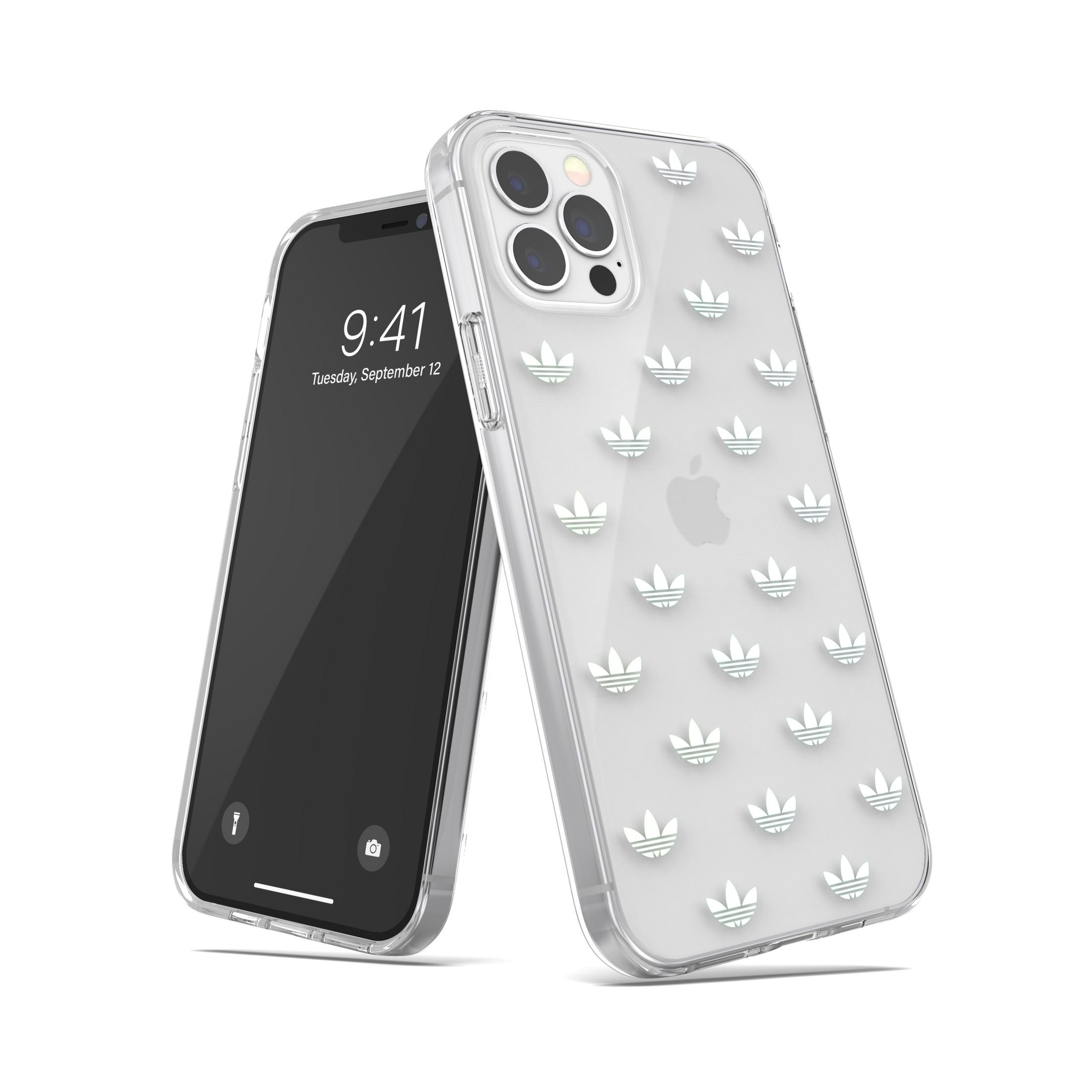 Uno smartphone con custodia trasparente con loghi Adidas poggia accanto a un altro telefono.