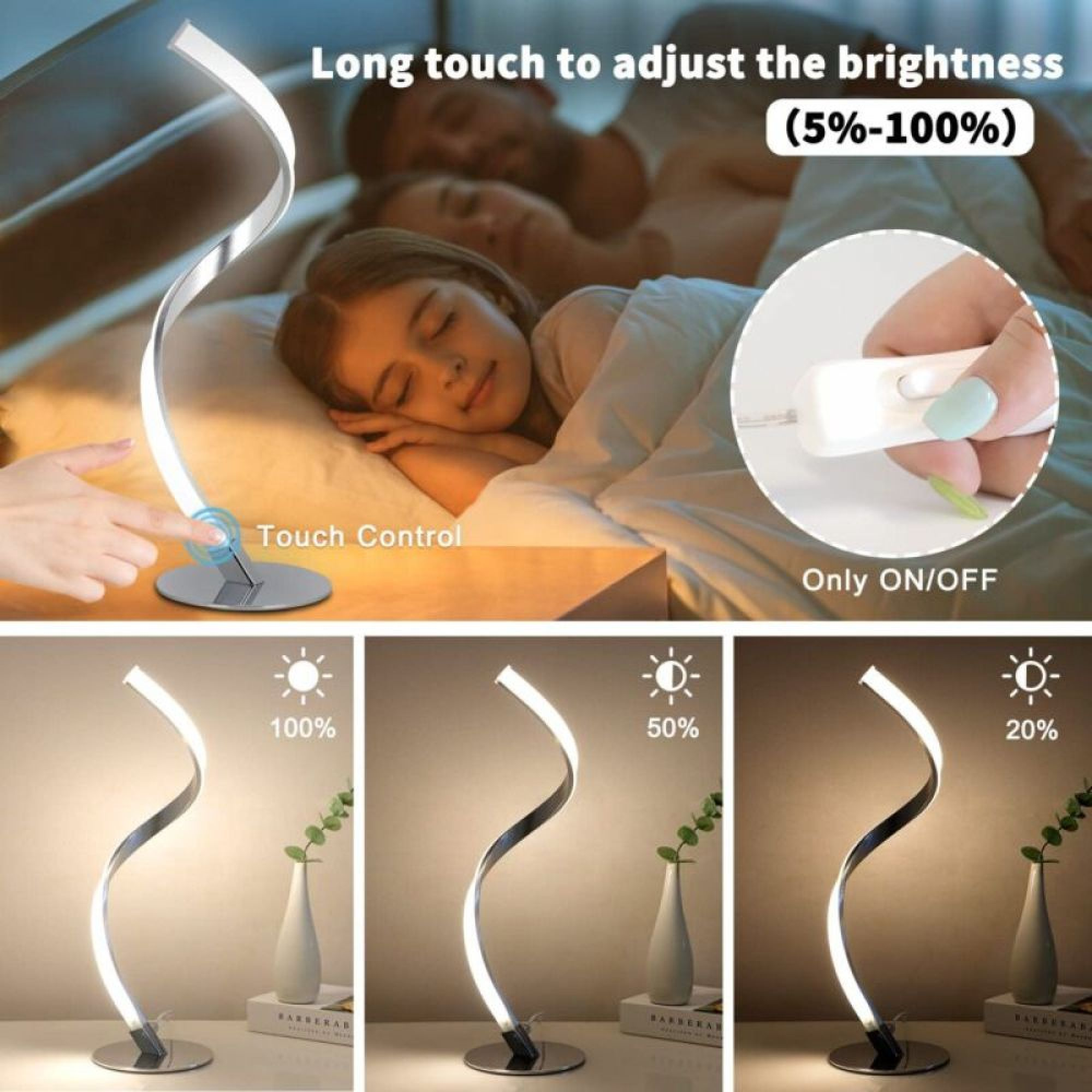 Eine Nachttischlampe mit Touch-Steuerung leuchtet neben schlafenden Menschen.
