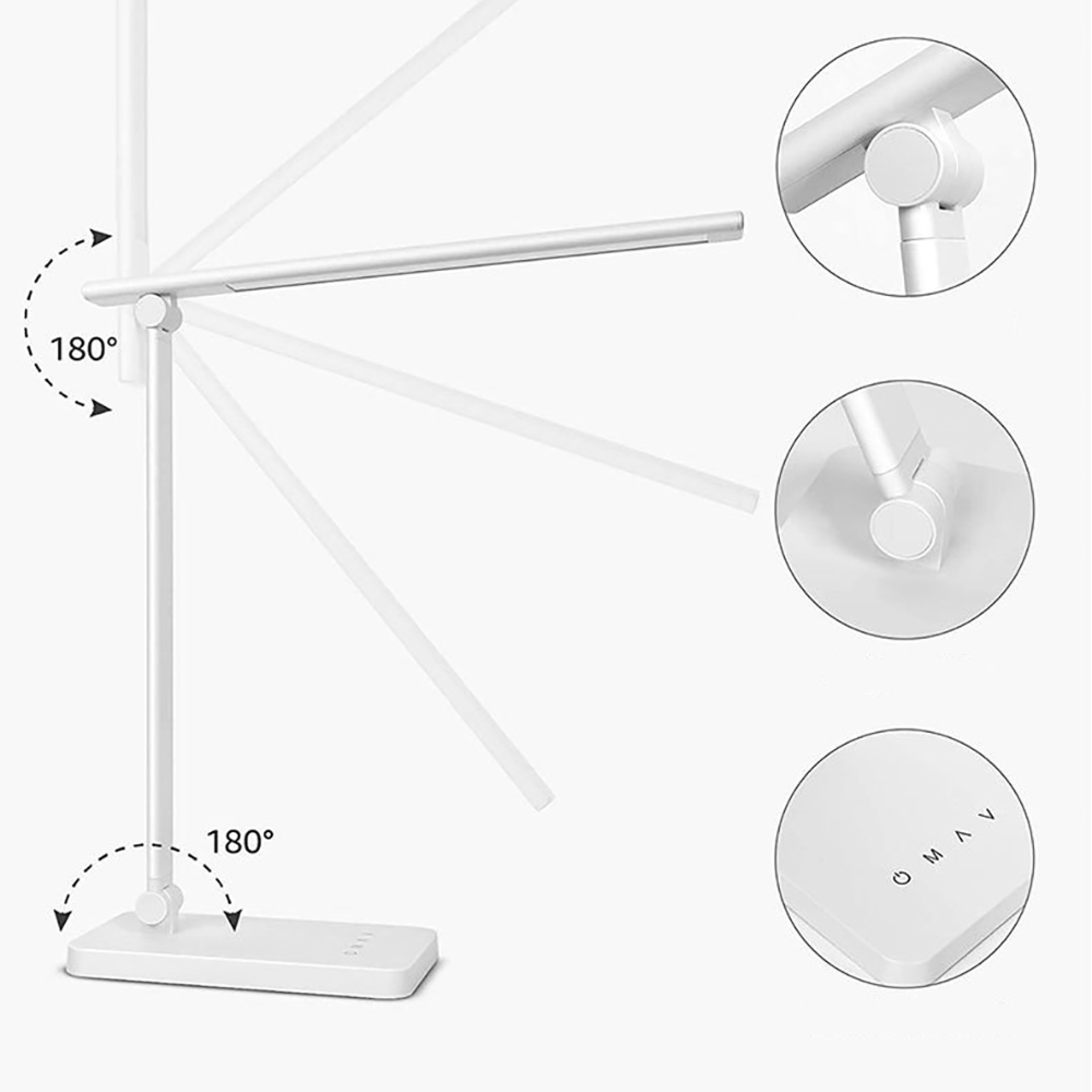 Eine weiße Schreibtischlampe mit verstellbarem Arm und Touch-Bedienelementen auf dem Sockel.