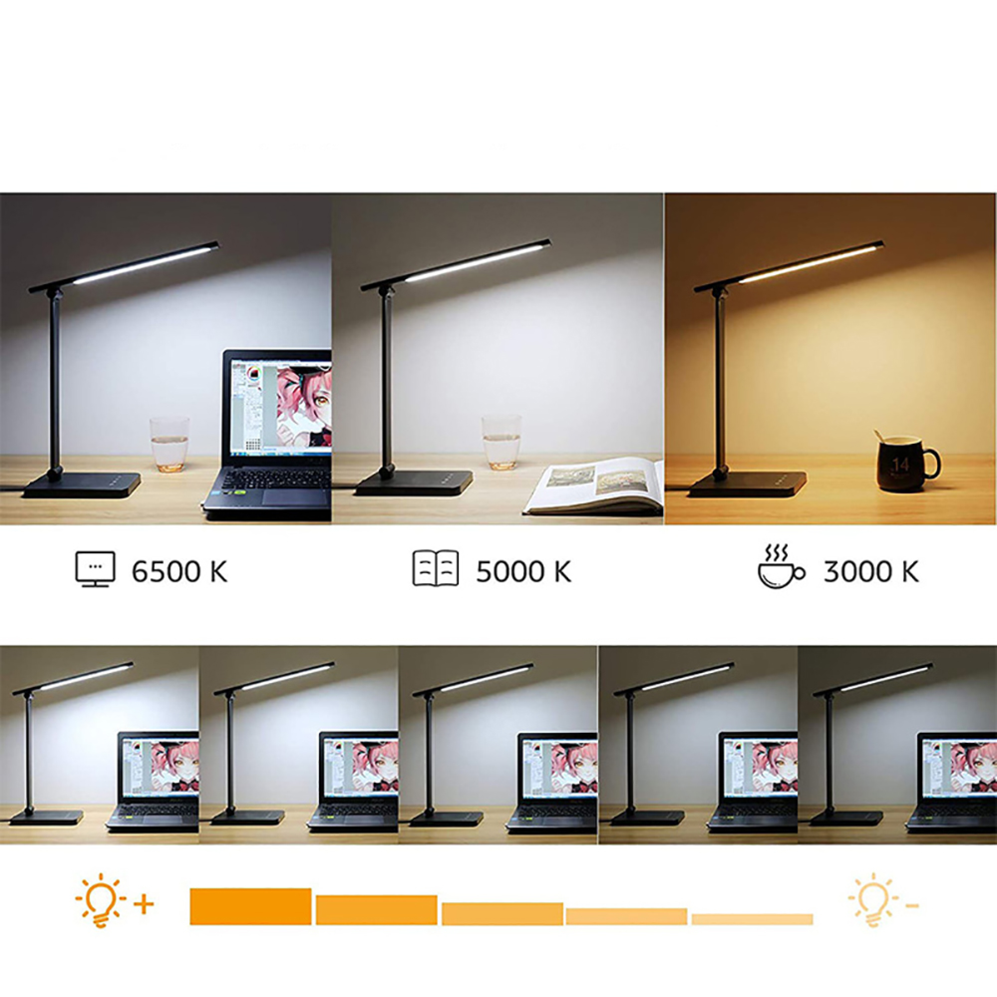 Schreibtischlampen mit verschiedenen Farbtemperaturen und Helligkeitsstufen.