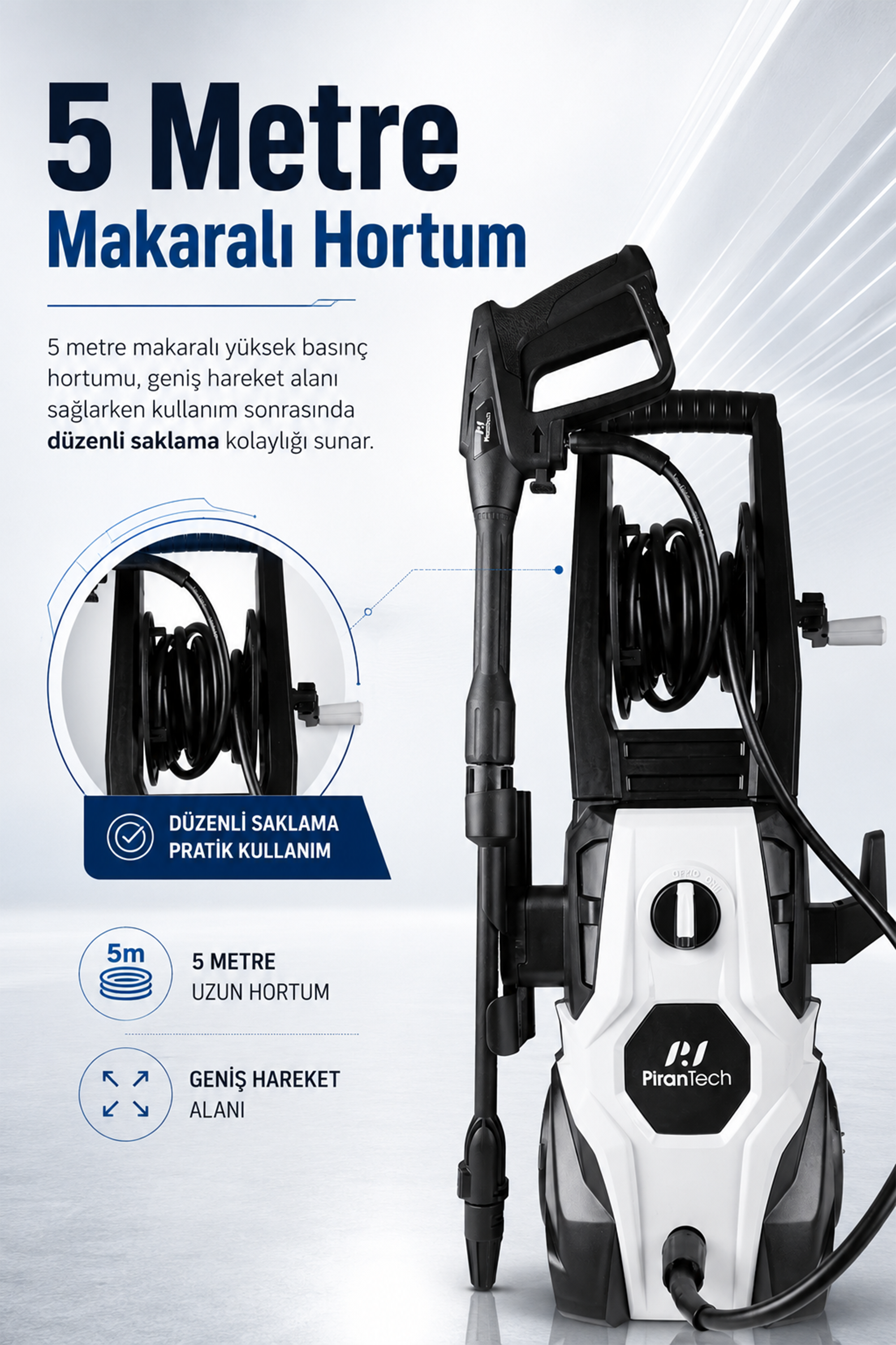 Beyaz ve siyah basınçlı yıkama makinesi, sarılı hortum ve tutamak.
