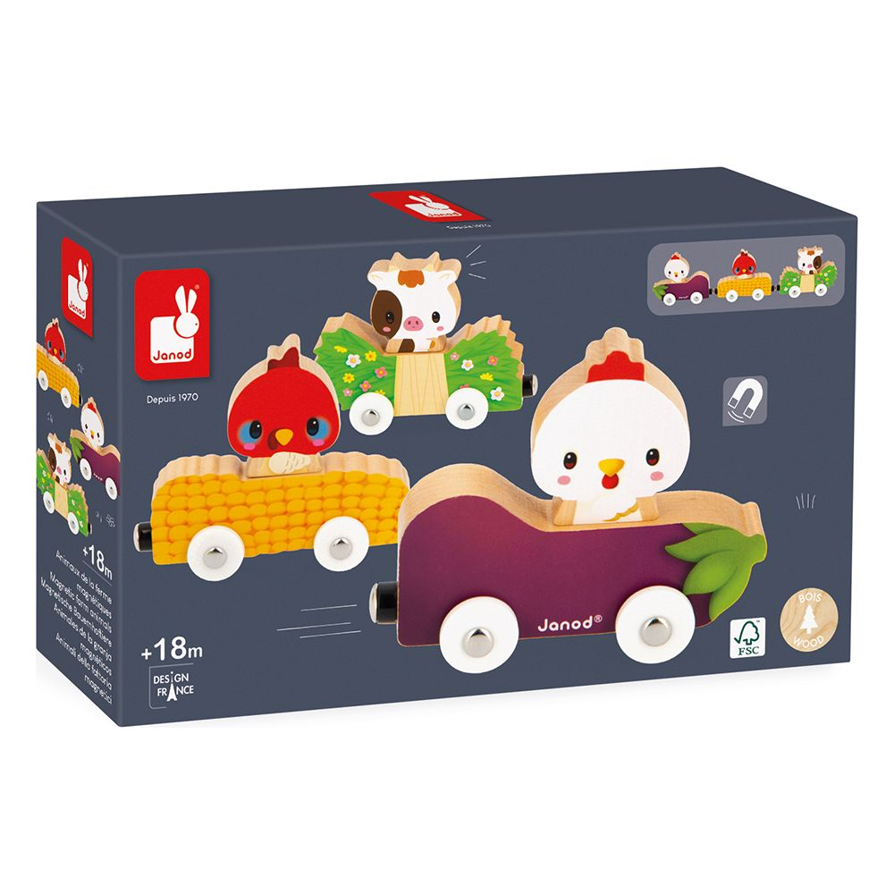 Holzspielzeug mit Tierwagen: Huhn auf Mais, Kuh auf Gras, Huhn auf Aubergine.