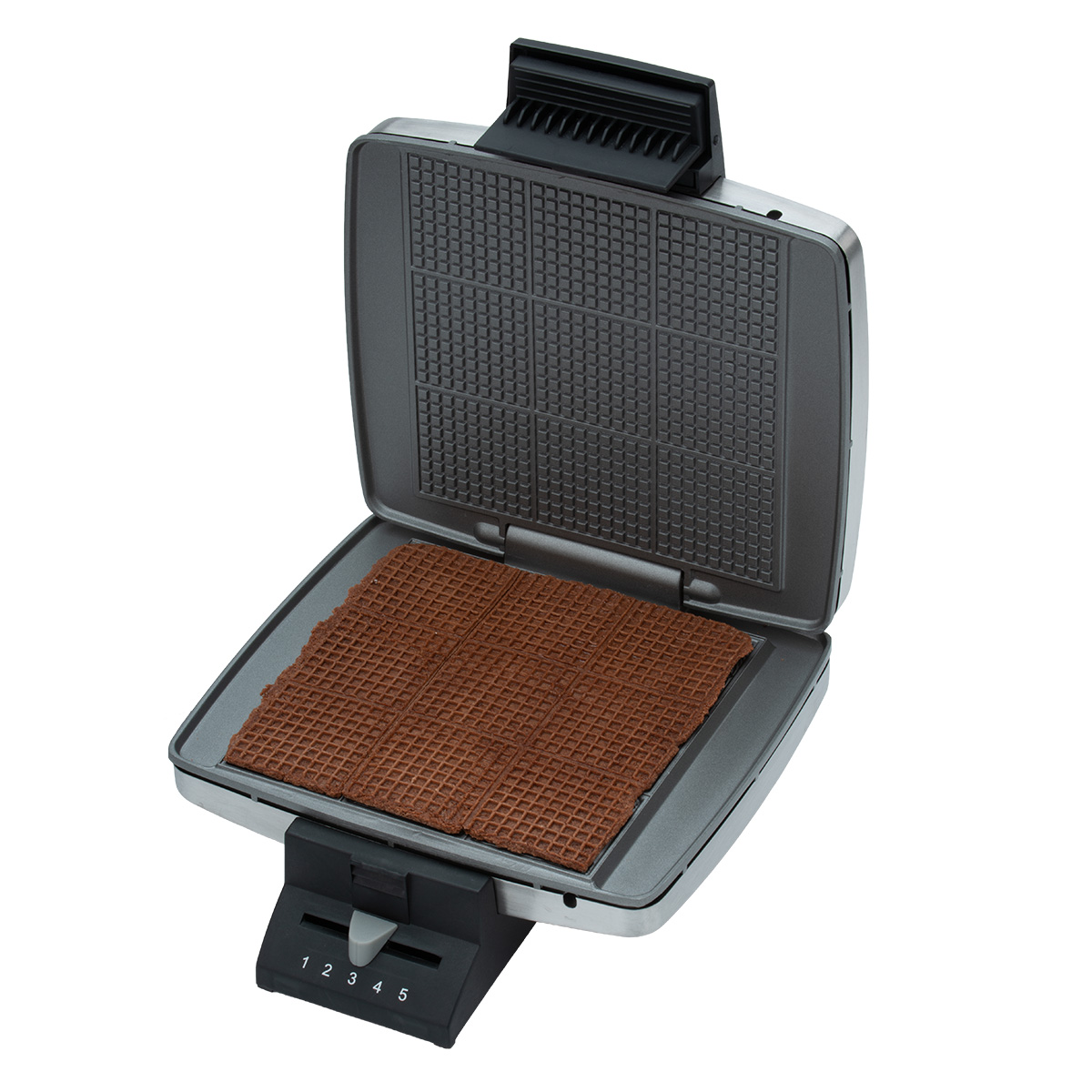 Offener Waffelautomat mit braunen Waffeln auf der unteren Platte und schwarzem Griff.