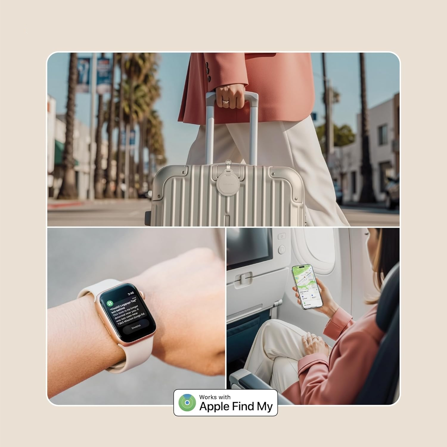 Eine Person zieht einen Koffer, eine Uhr zeigt eine Benachrichtigung, eine Frau im Flugzeug nutzt ihr Handy.