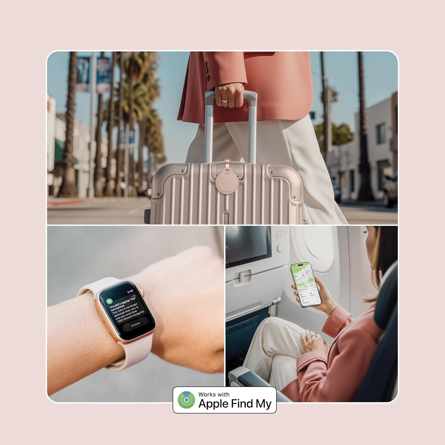 Person zieht Koffer, nutzt Smartwatch und Handy im Flugzeug.