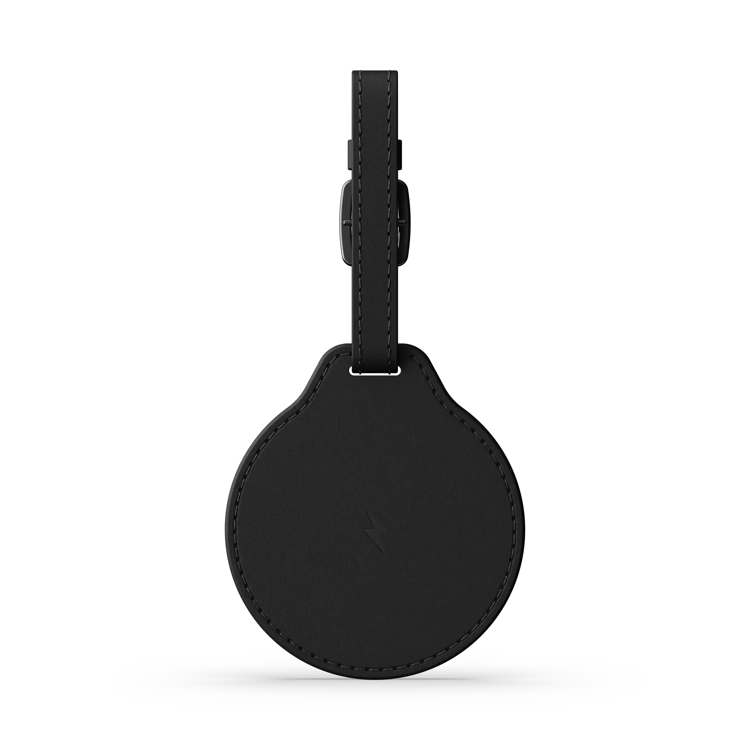 Schwarzer runder Lederanhänger mit Riemen und Schnalle, mit Blitzsymbol.
