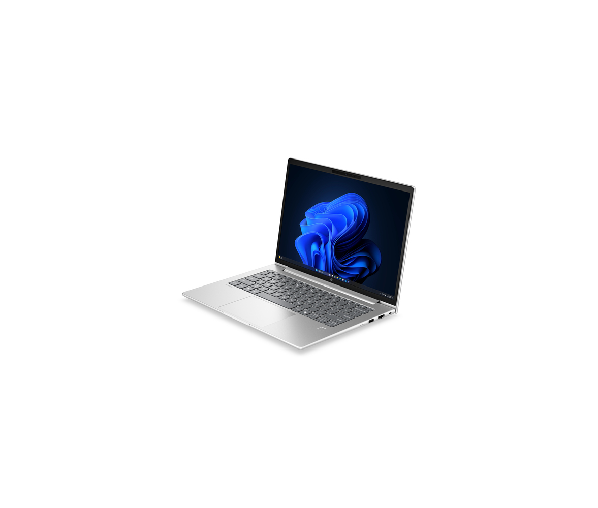 Een zilveren laptop is open, met een blauw abstract behang op het scherm.