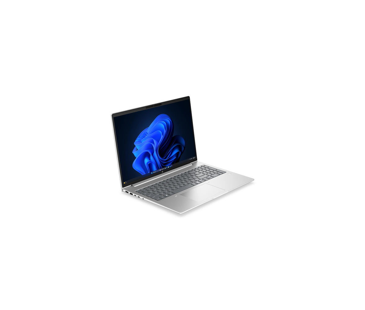 A silver laptop with a blue Windows wallpaper displayed on its screen.