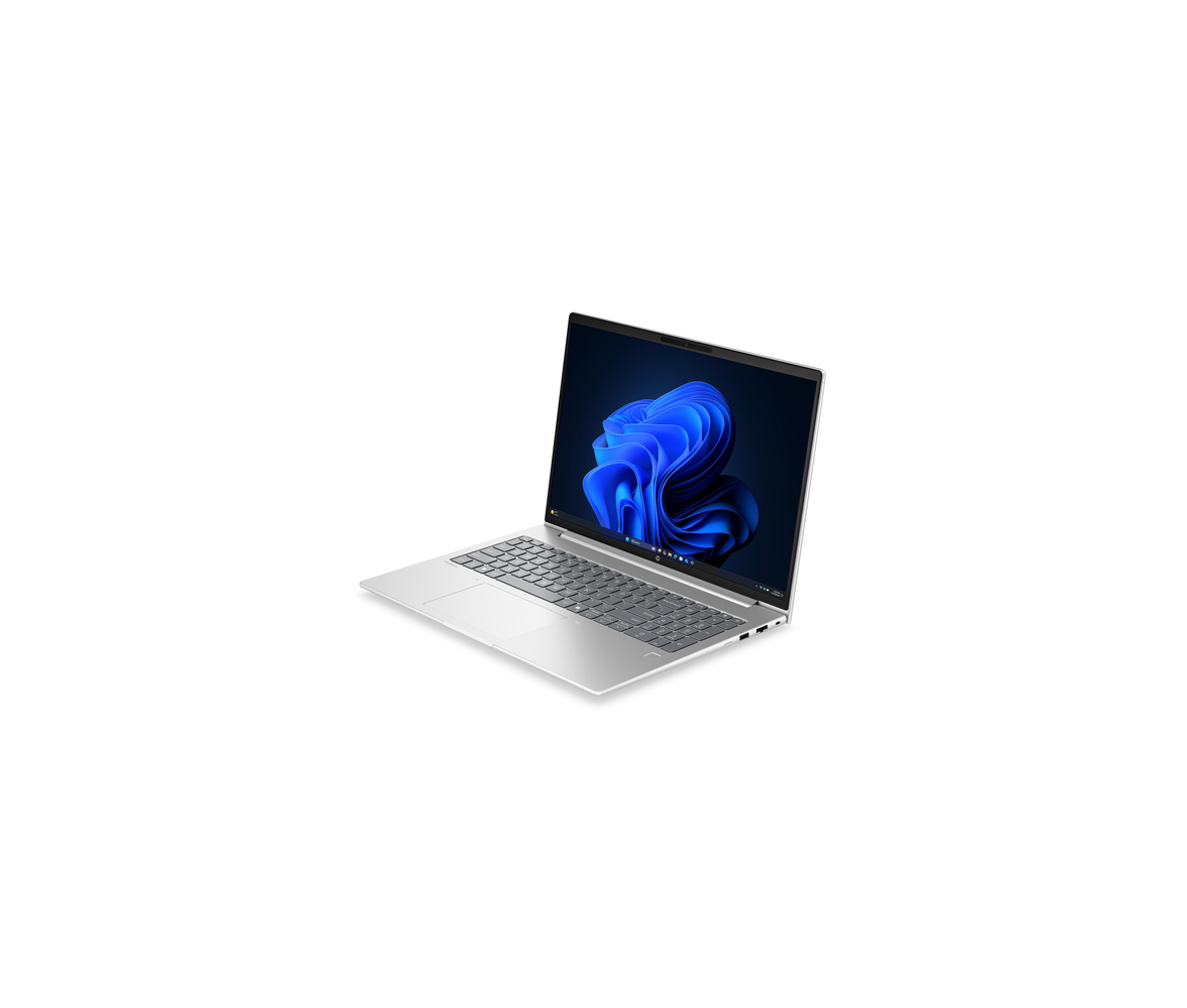 A silver laptop with its screen open, displaying a blue background.