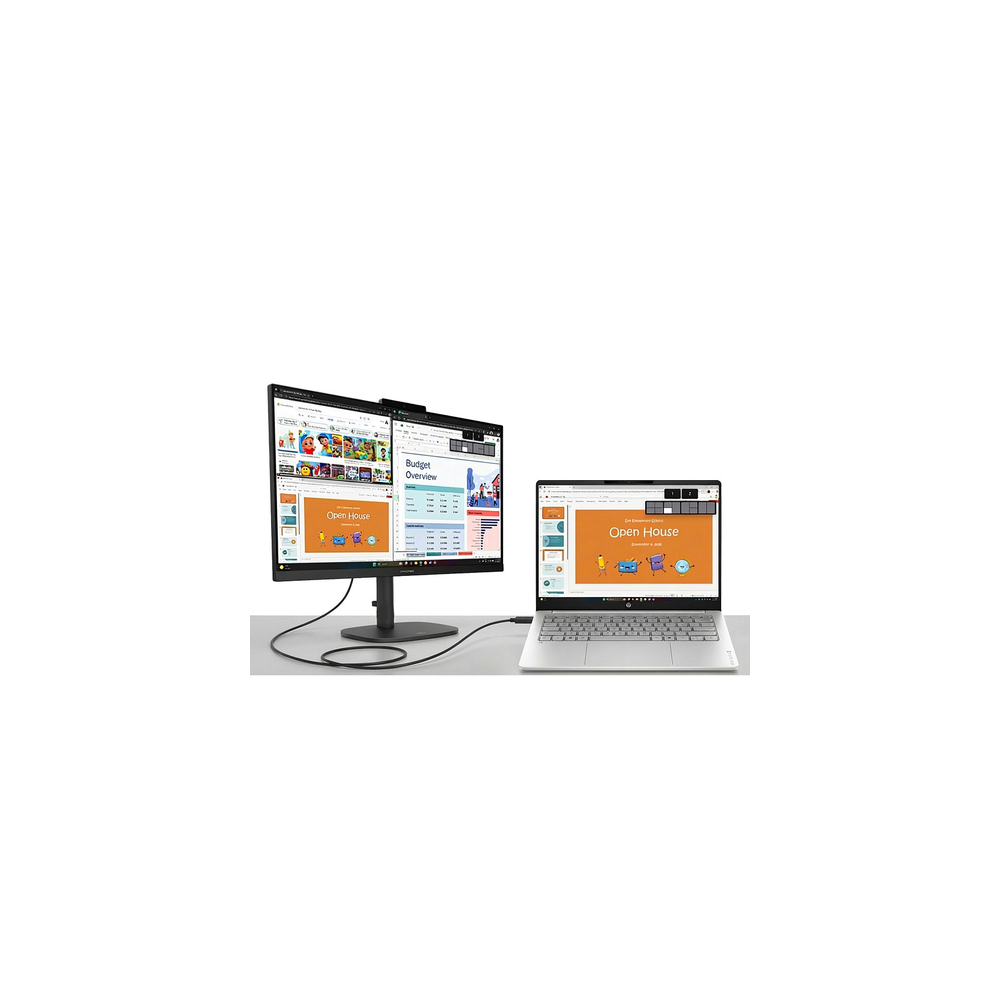 Een laptop is via een kabel verbonden met een externe monitor die twee schermen toont.
