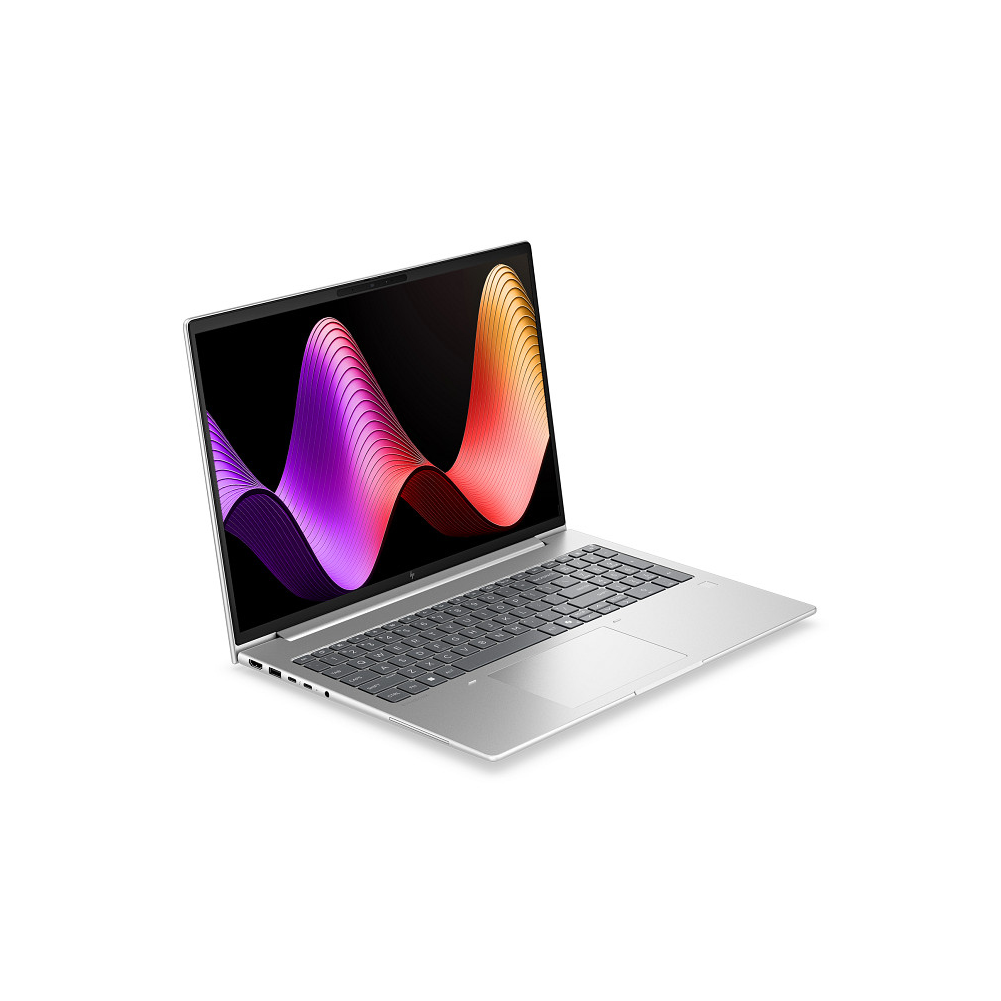 A silver laptop displays a colorful wavy pattern on its screen.