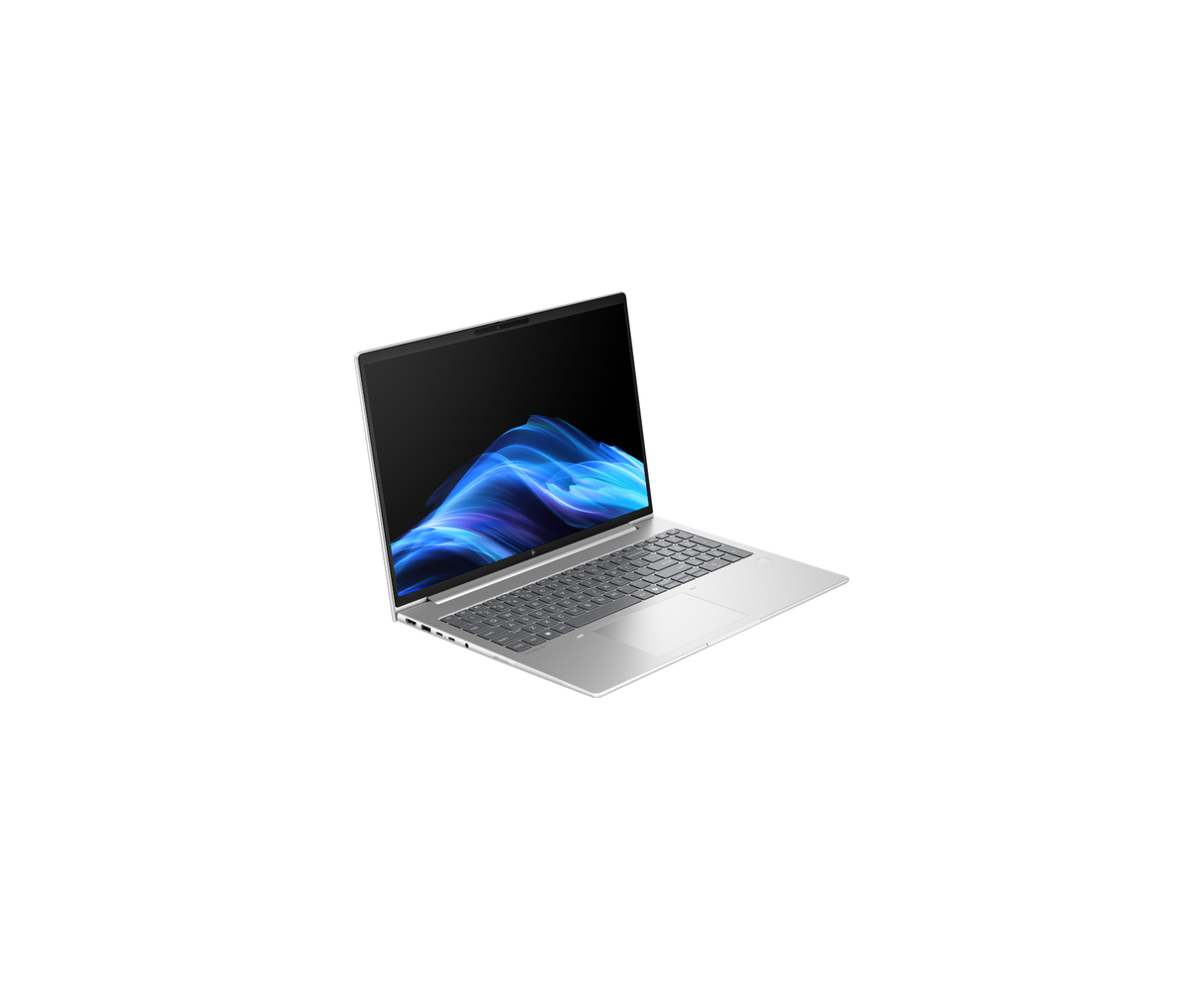 A silver laptop with a blue, wavy background displayed on its screen.