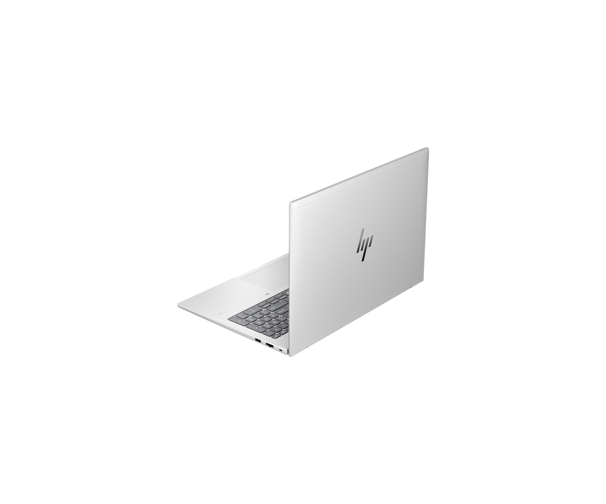 A silver HP laptop with keyboard and ports on a white background.