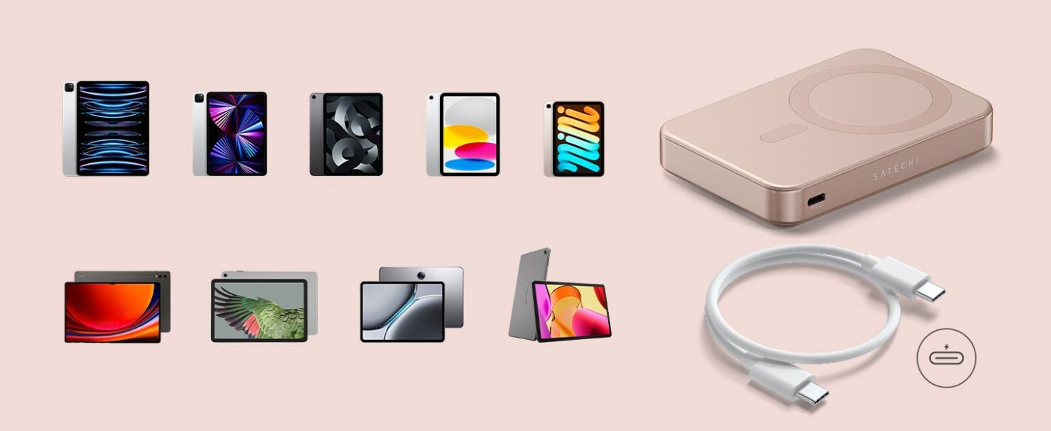 Verschiedene iPads und ein Satechi-Ladegerät mit USB-C-Kabel auf rosa Hintergrund.