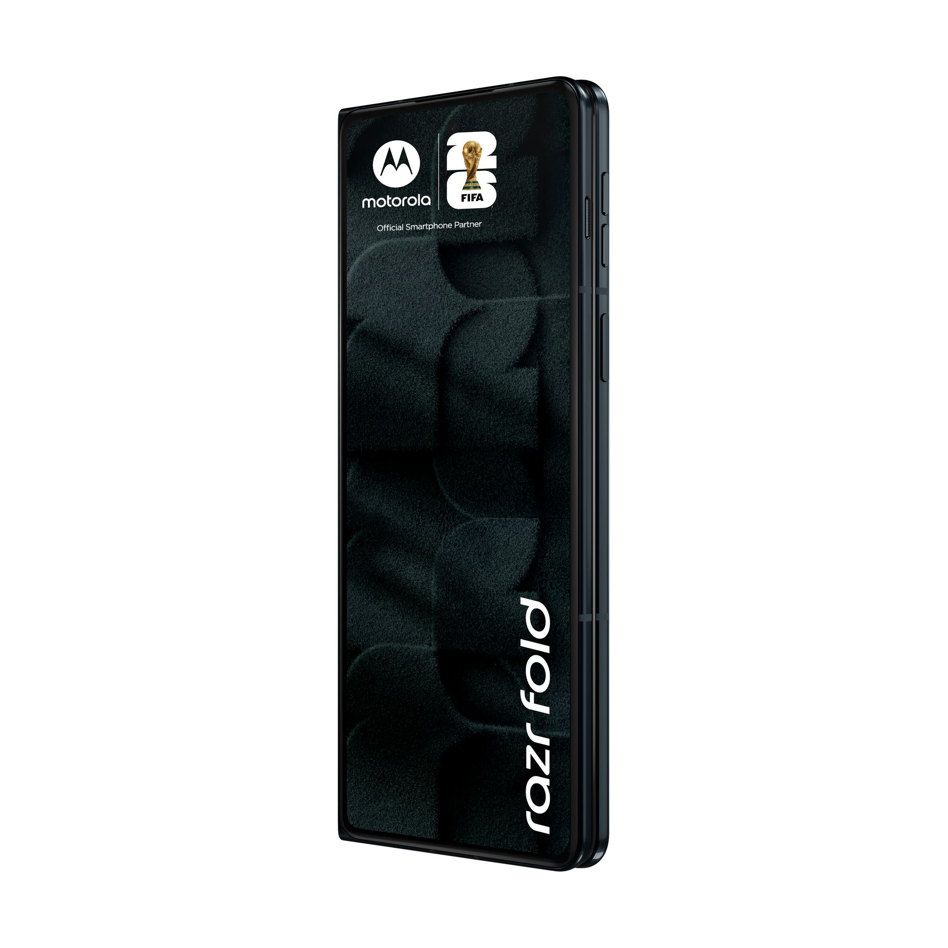 Un telefono Motorola Razr Fold nero chiuso con il logo FIFA.