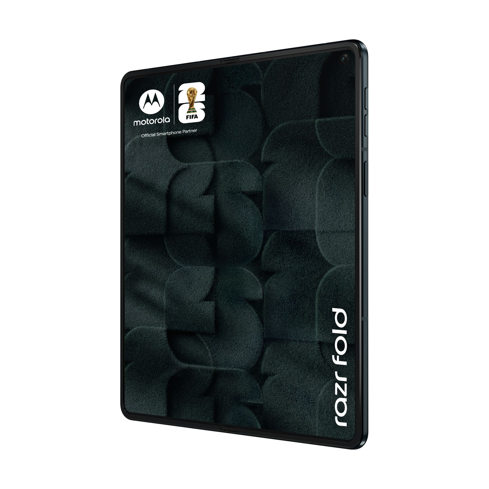 Un Motorola Razr pieghevole chiuso con logo FIFA e motivo.