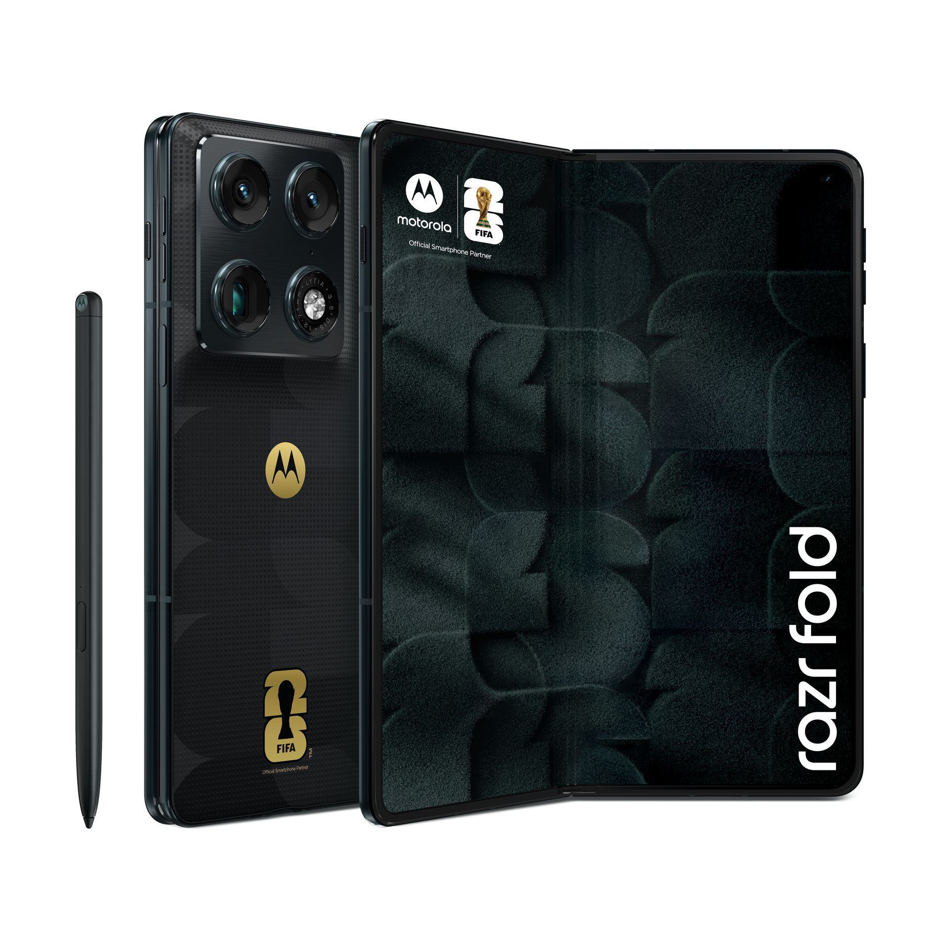 Un Motorola Razr Fold pieghevole nero con uno stilo. Il retro mostra fotocamere e loghi.