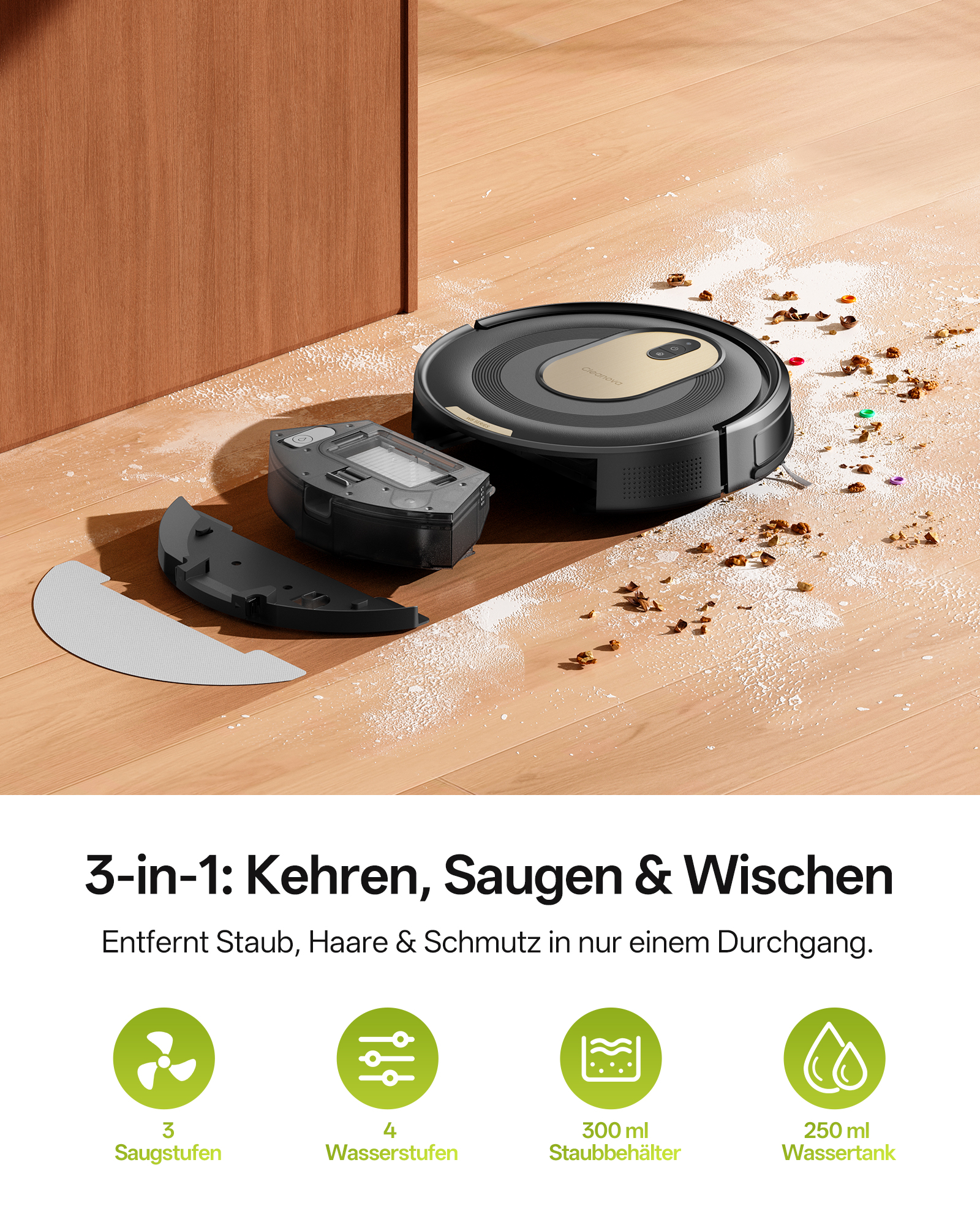 Ein Saugroboter reinigt einen Holzboden von Staub und Schmutz.