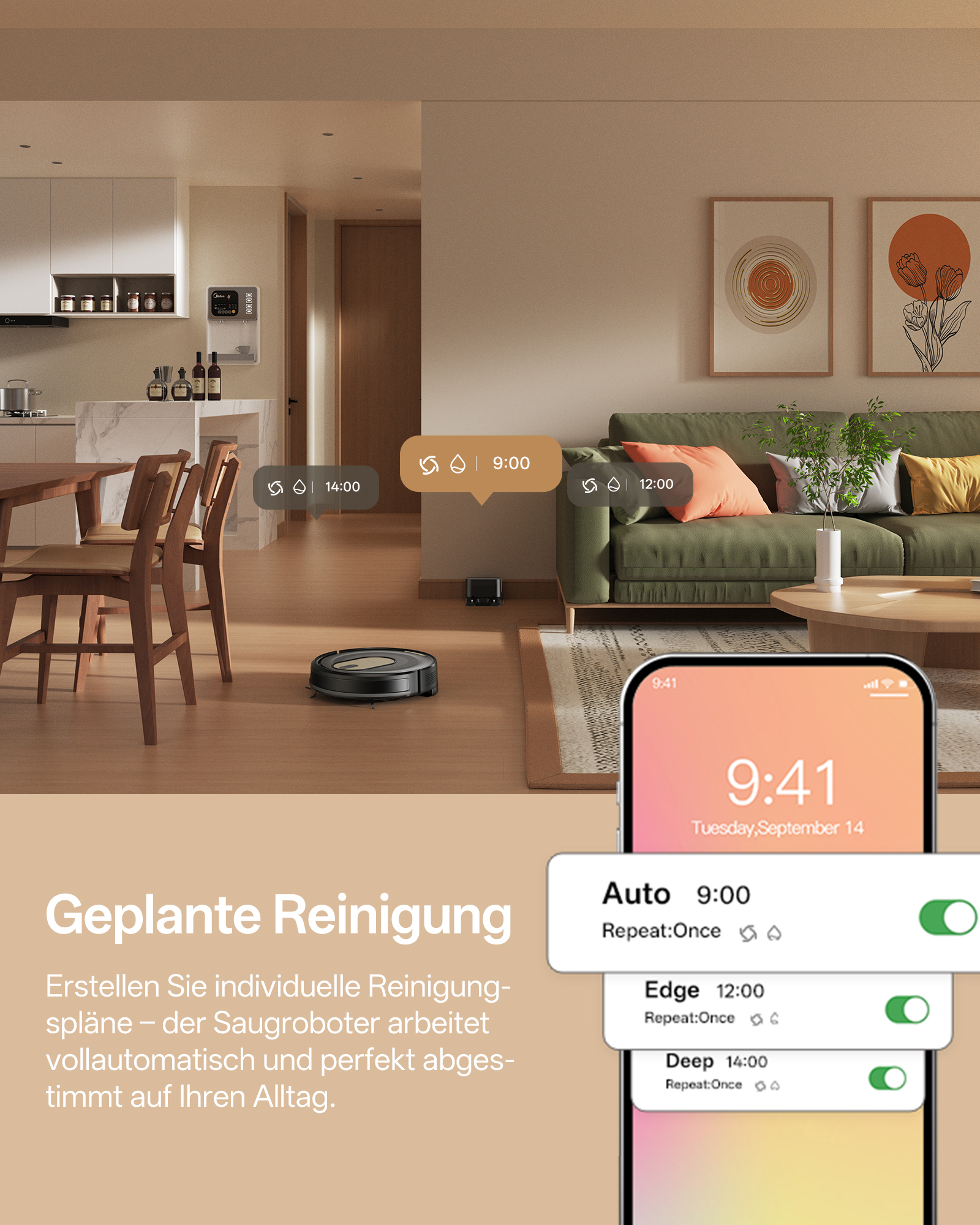 Ein Saugroboter reinigt den Wohnbereich, mit Zeitplänen auf dem Handy.