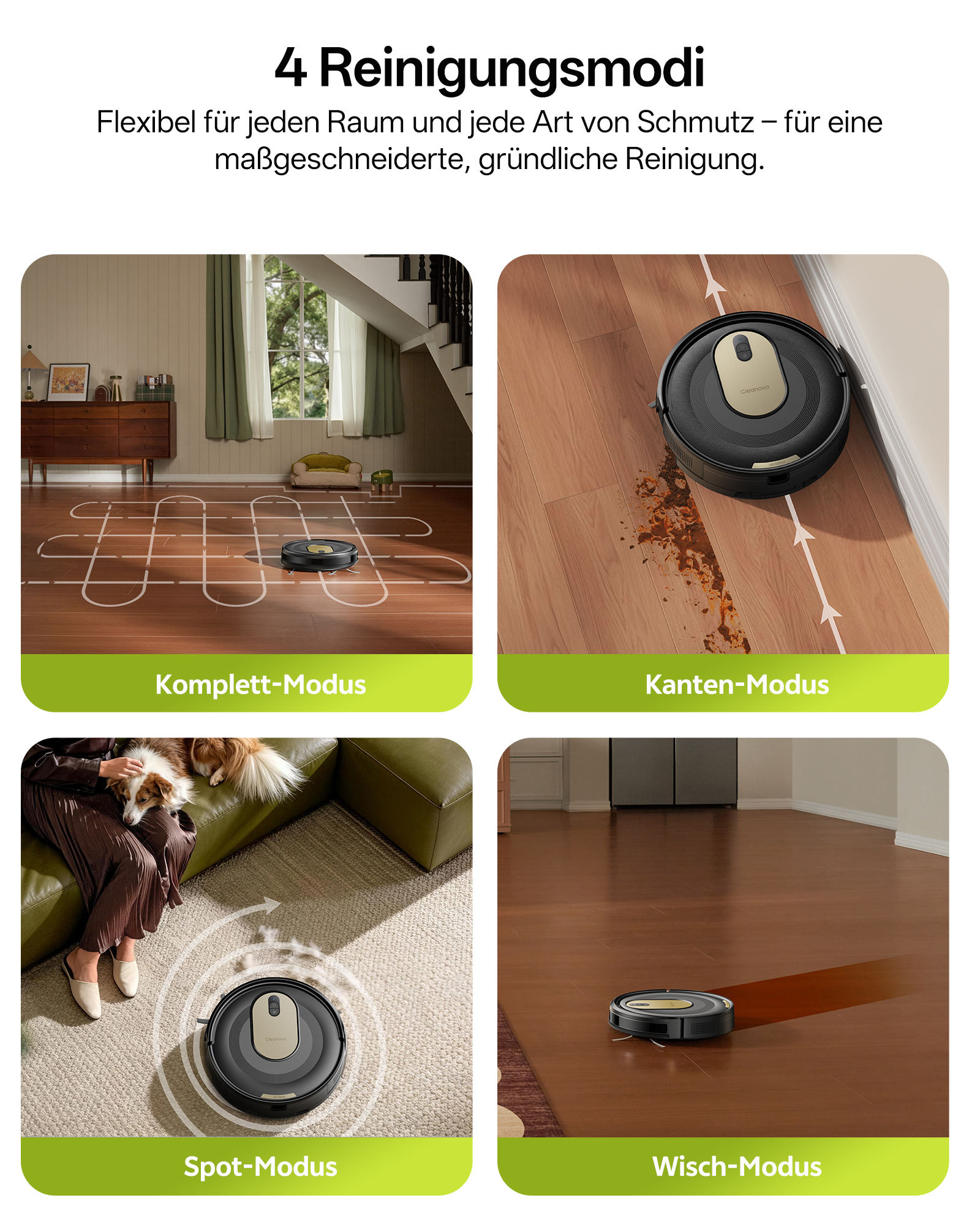 Vier Reinigungsmodi: Komplett-, Kanten-, Spot- und Wisch-Modus eines Saugroboters.