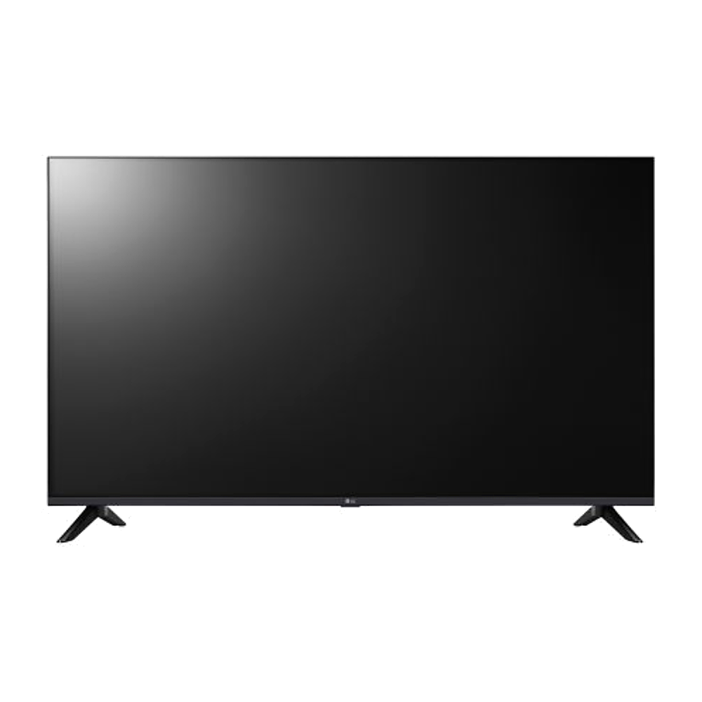 Una moderna TV LG nera con cornice sottile e due piedini laterali.