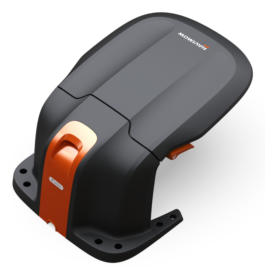 Ein schwarzer und orangefarbener Mähroboter mit dem Logo MOWIMOW.