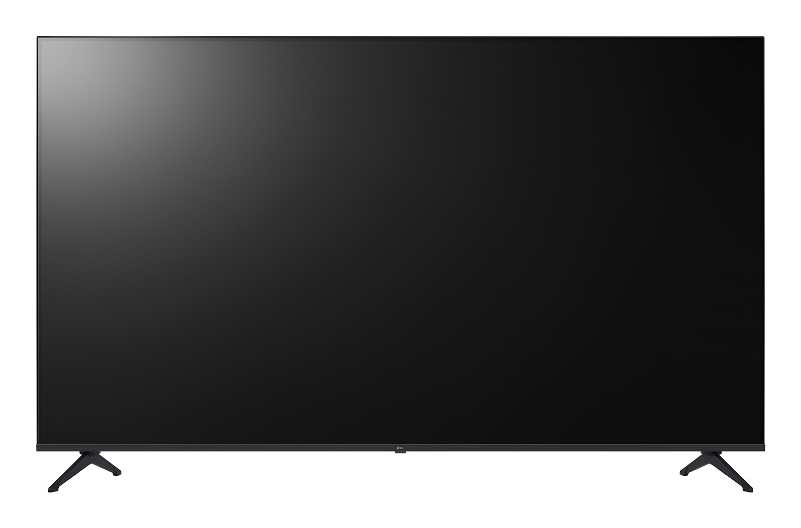 Una TV nera a schermo piatto con cornice sottile poggia su due gambe scure su sfondo bianco.