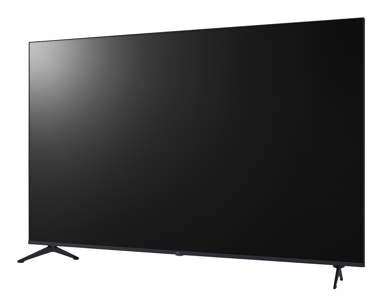 Una grande TV a schermo piatto nera poggia su gambe sottili.