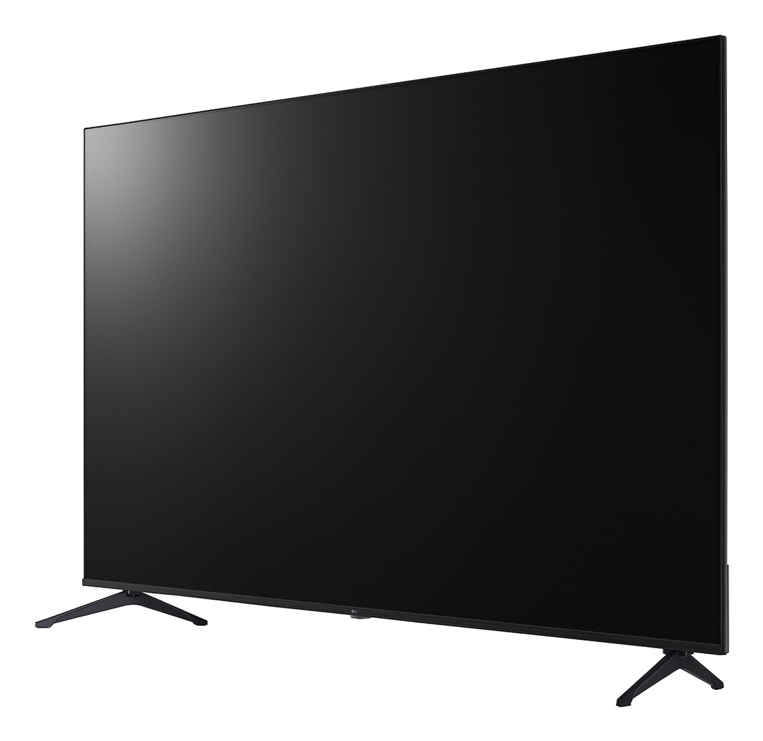 Una TV moderna e nera con cornice sottile su un supporto.