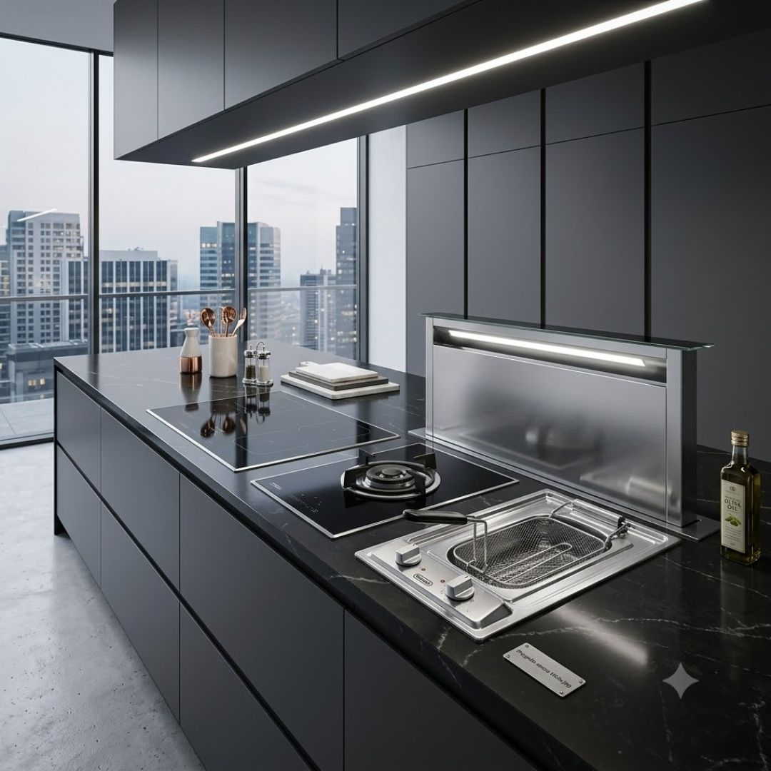 Cucina moderna scura con isola, piano cottura a induzione, bruciatore a gas, friggitrice e vista città.