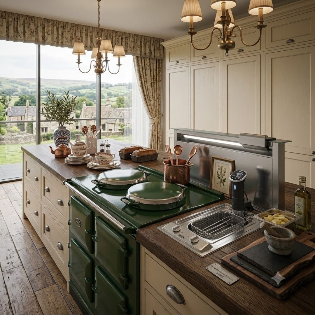 Fornello verde con pentole, pane e servizio da tè in una cucina con vista su un paese rurale.
