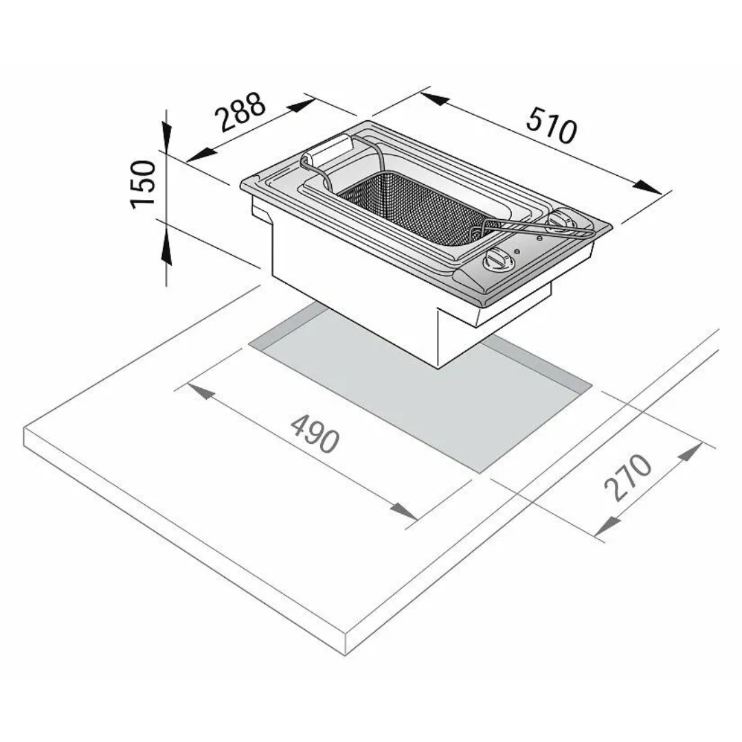 Disegno tecnico di una friggitrice con dimensioni.