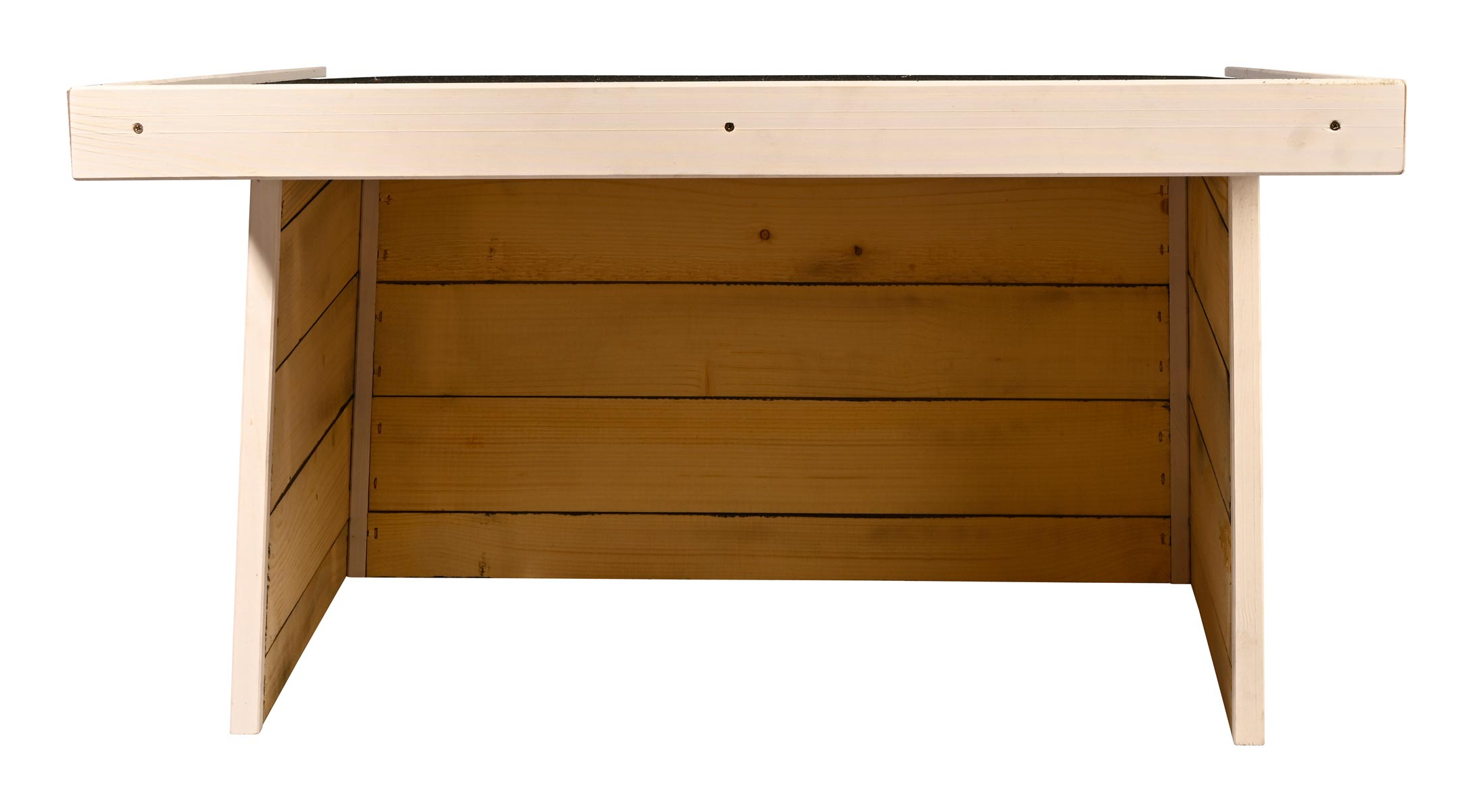 Ein hölzerner Tisch mit Seitenteilen aus Holzplanken und einer weißen Kante.