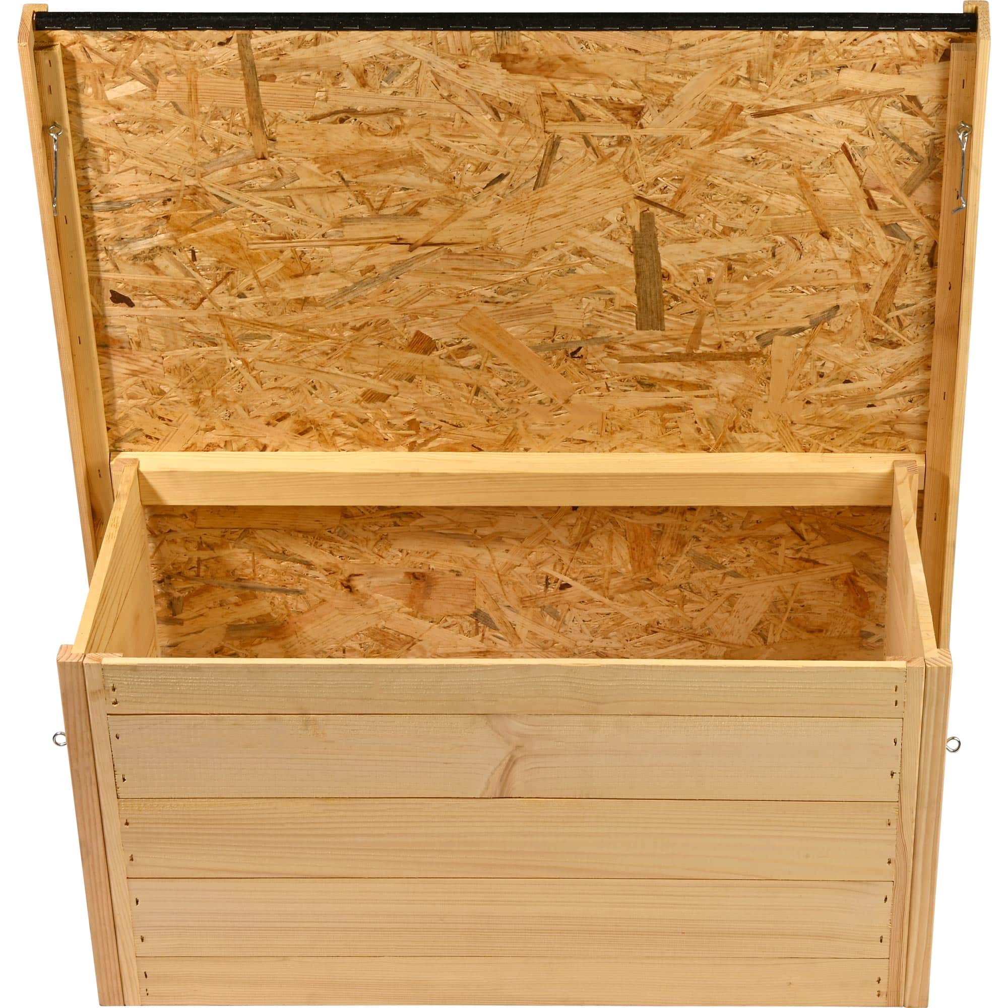 Offener Holzkasten mit OSB-Platten-Innenseite und Hakenverschluss.