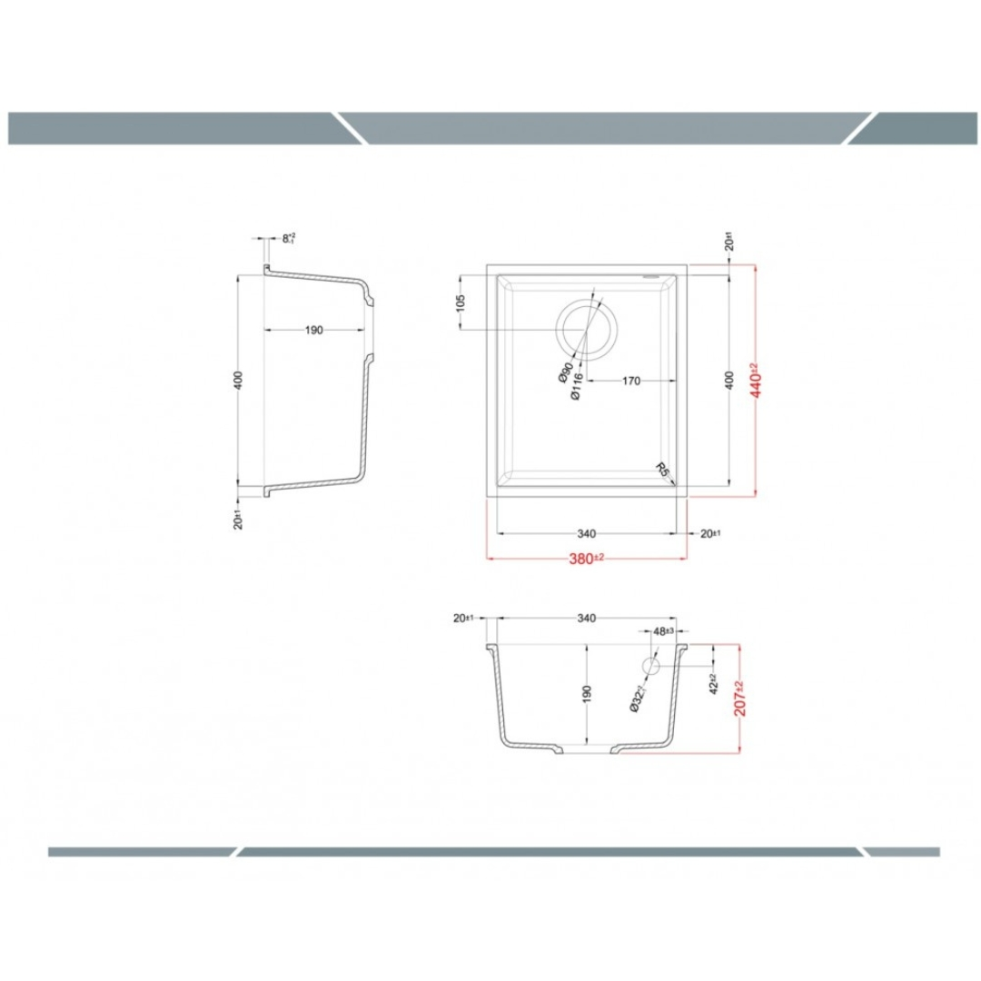 Disegno tecnico di un lavello con dimensioni e viste.