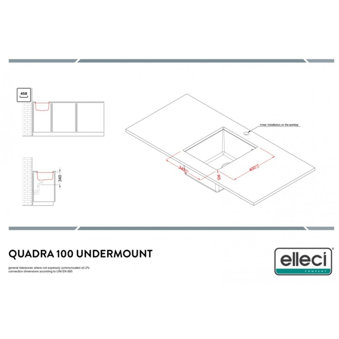 Disegno tecnico di un lavello con dimensioni e note di installazione.