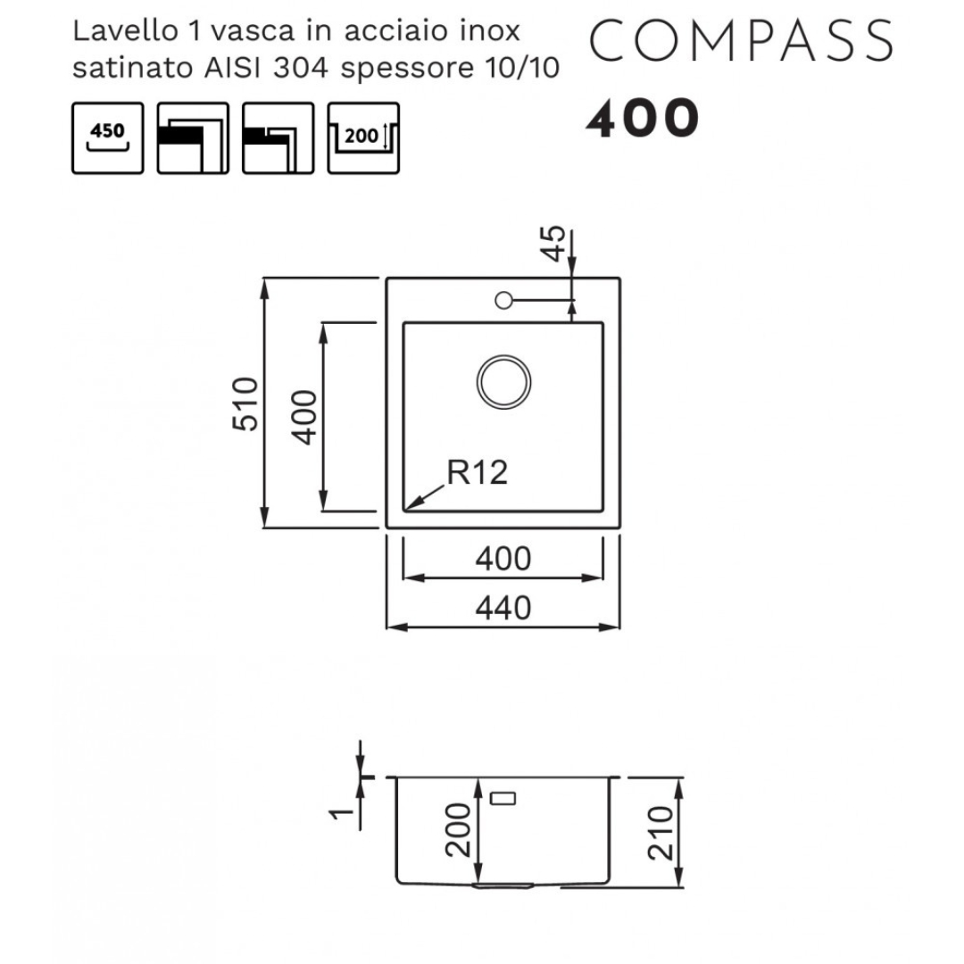 Disegno tecnico di un lavello con dimensioni e icone.