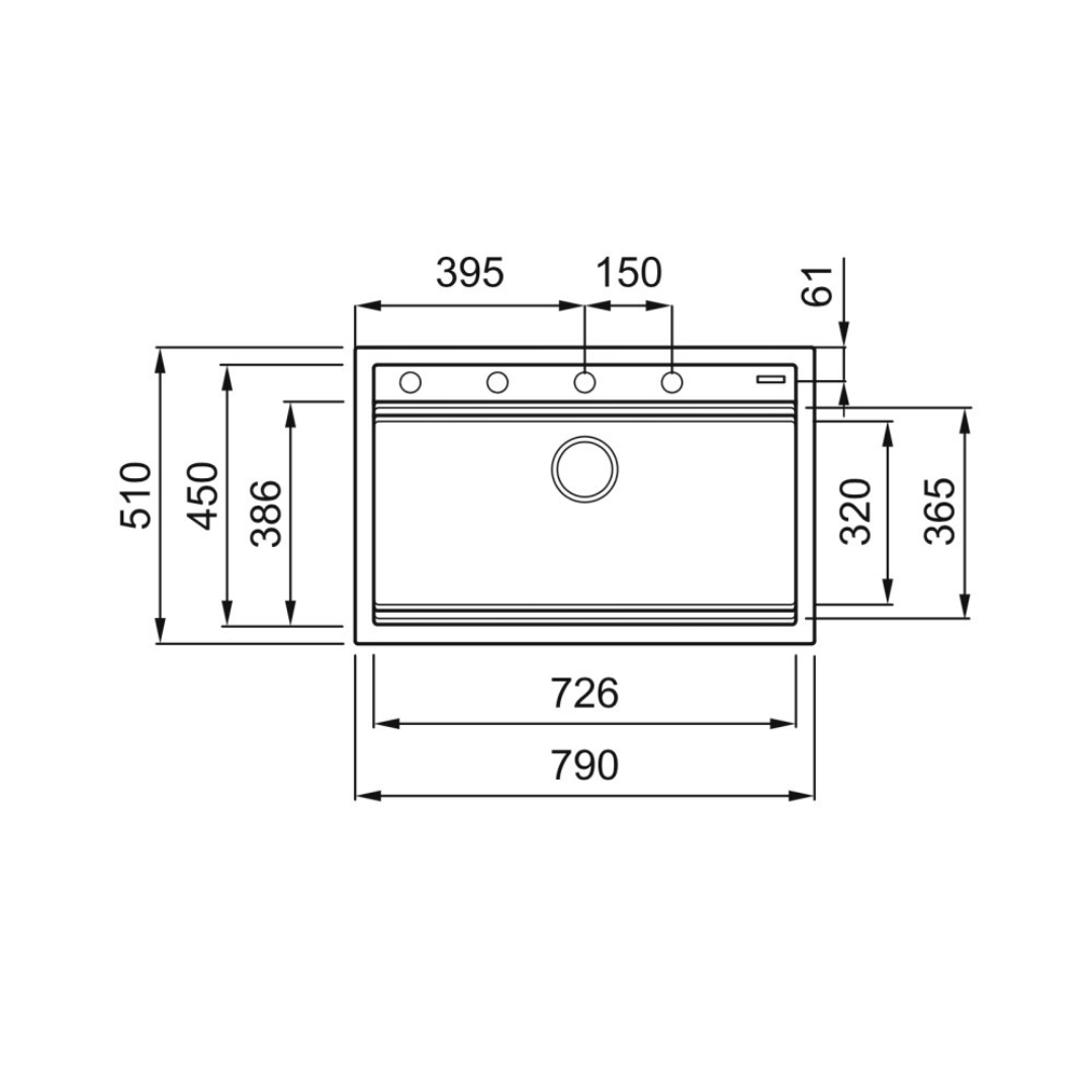 Disegno tecnico di un lavello con dimensioni in mm. A sinistra altezza e profondità, sopra larghezza e sporgenza.