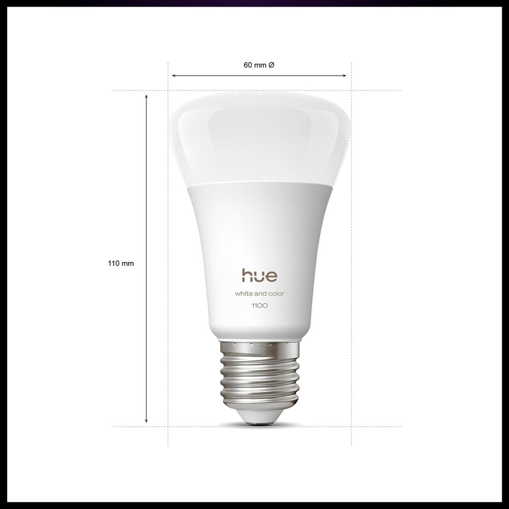 Witte LED-lamp met Hue-logo, 110 mm hoog, 60 mm diameter.