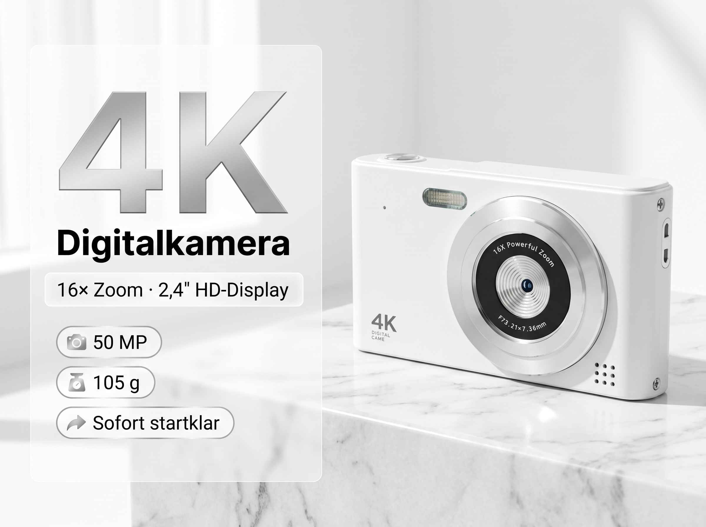 Weiße Digitalkamera mit 16x Zoom, 50 MP, 105 g und 4K-Auflösung.